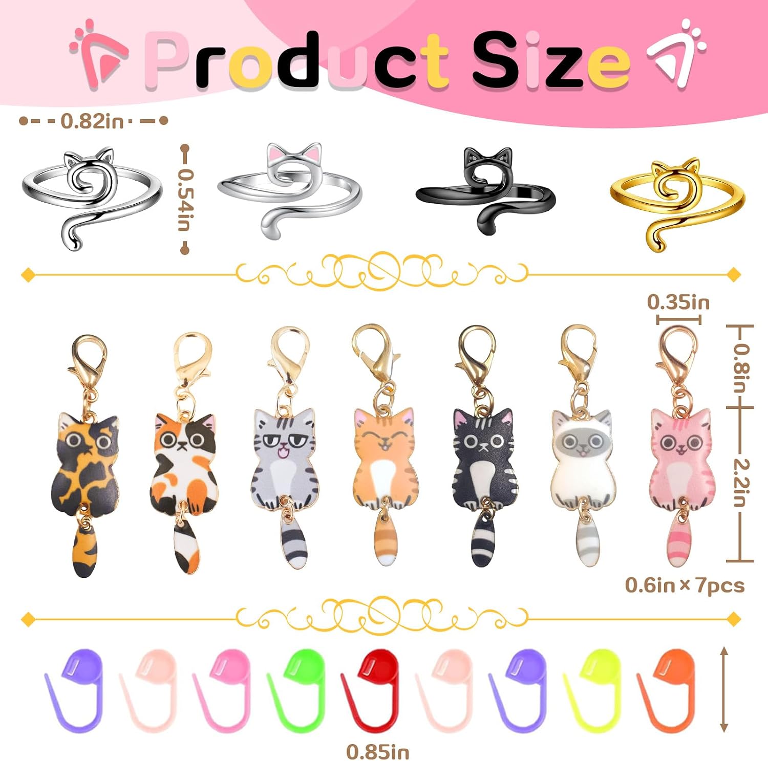 4PCS Adorable Crochet Rings with 7PCS Cat Stitch Markers and 20PCS Stitch Needle Clip Counter,Adjustable Tension Rings for Finger Accessories and Gadgets,Ideal Yarn Guide Ring Knitting Tools for Women