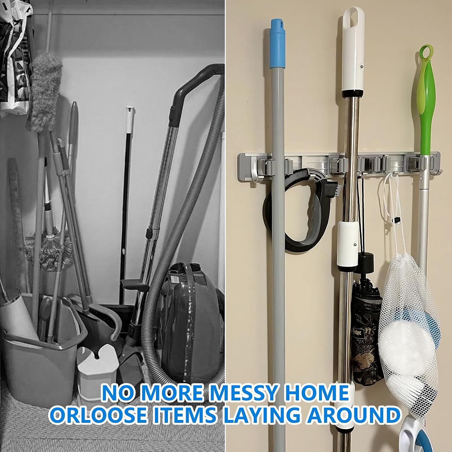 reliahom Broom Holder Wall Mount Mop Hanger Tools organizer 4Racks 5Hooks