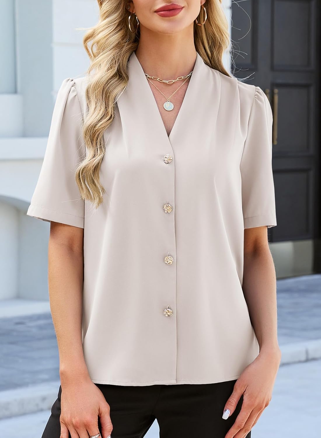 EVALESS Blouses for Women Dressy Casual Summer Short Sleeve Button Down Shirts Business Work Tops - Image 2