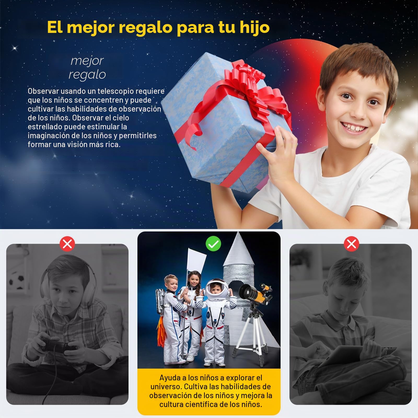 Telescopio 70 MM, Apertura 400 MM (20X-200X), Telescopio Astronómico Refractor, Alta Transmisión FMC, Trípode, Adaptador de Teléfono, Remoto, Regalos de Astronomía para Niños Adultos Principiantes
