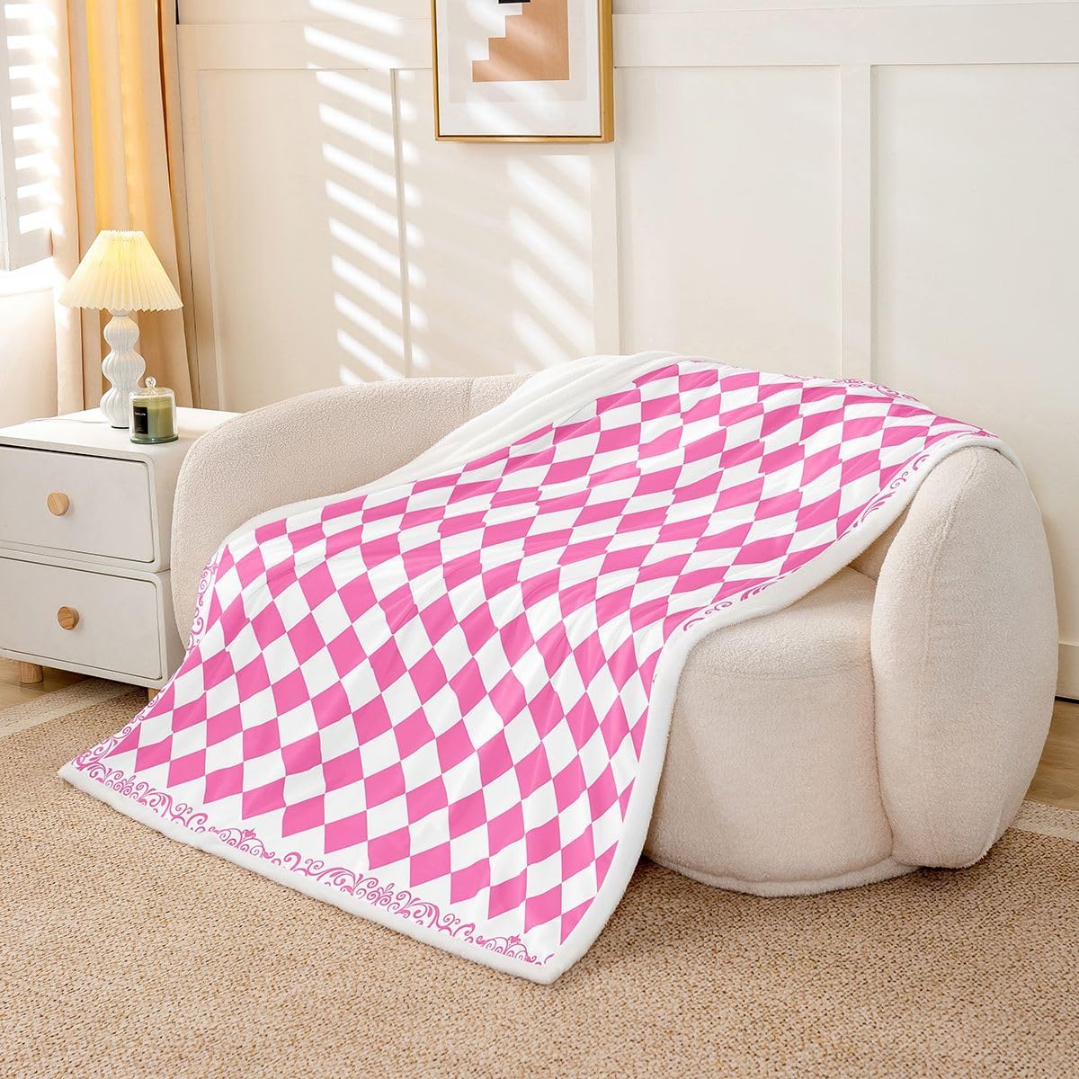 Feelyou Pink Grid Sherpa Blanket Plush Fuzzy Buffalo Check Fleece Throw Blanket Boys Girls Small Diamond for Bed Couch Chair Living Room Mini Check Bedroom Decor Twin 60"x80"