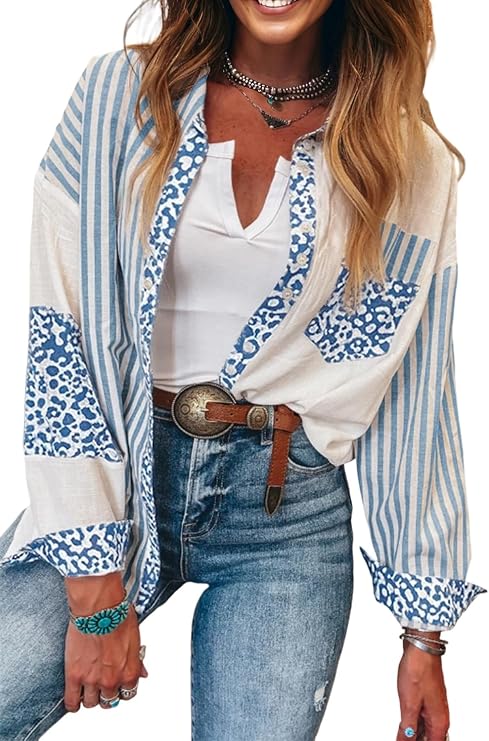 Women's Blouse Casual Sky Blue Leopard Striped Western Casual Shirt Collar Tops