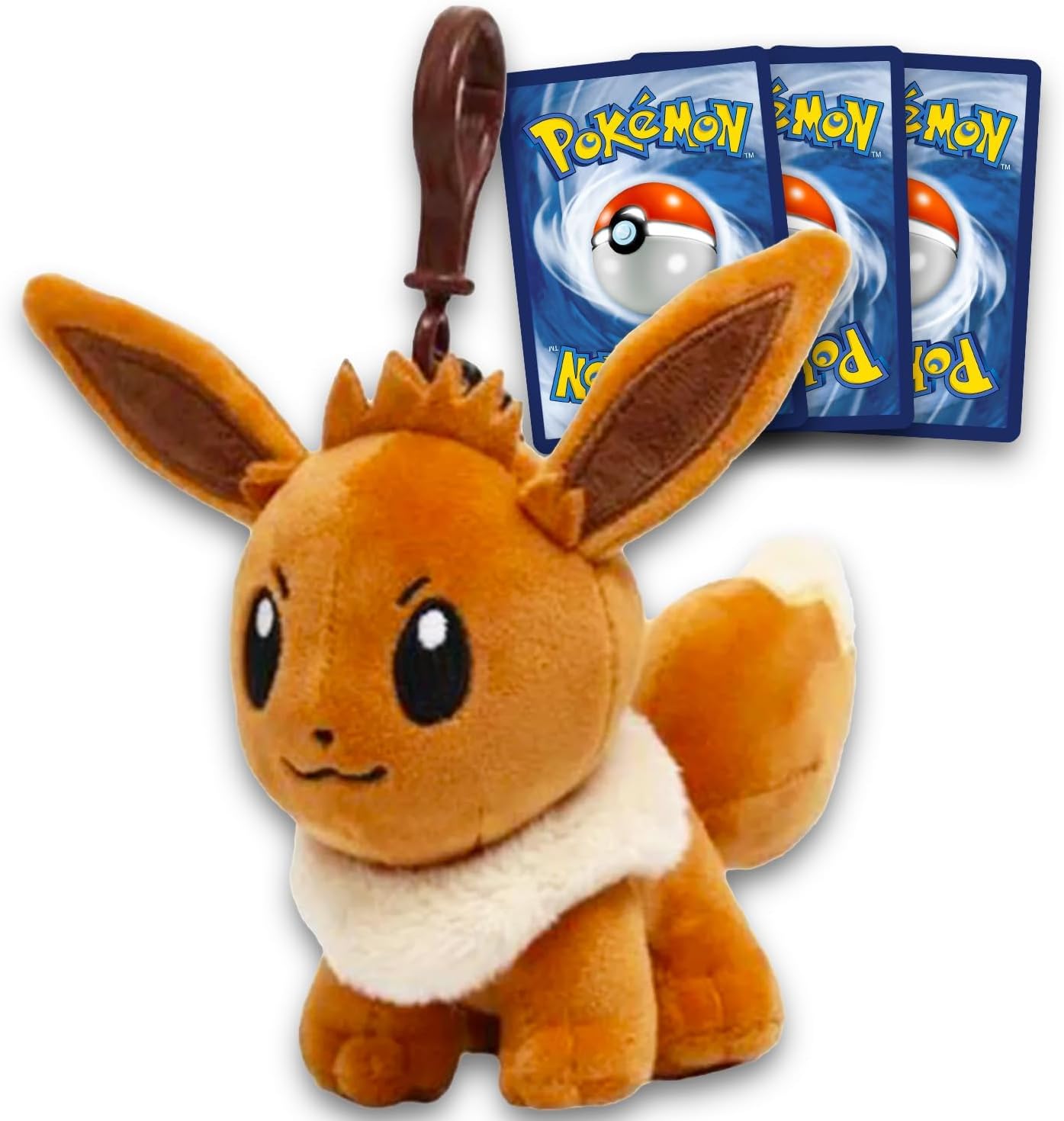 Eevee Plush Keychain Set - Bundle with 5" Eevee Keychain Plushie Plus Pokemon Cards | Pokemon Plush Bag Clip for Backpack, Purse, More