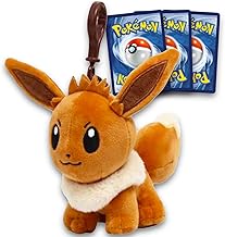 Eevee Plush Keychain Set - Bundle with 5" Eevee Keychain Plushie Plus Pokemon Cards | Pokemon Plush Bag Clip for Backpack, Purse, More