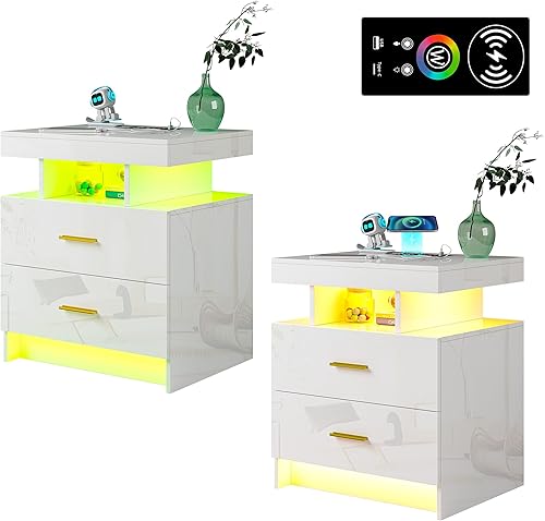 Miniatura 10 de Mesita de noche con luz, mesita de noche de alto brillo con estación de carga USBinalámbrica, mesitas de noche LED blancas con cajones de