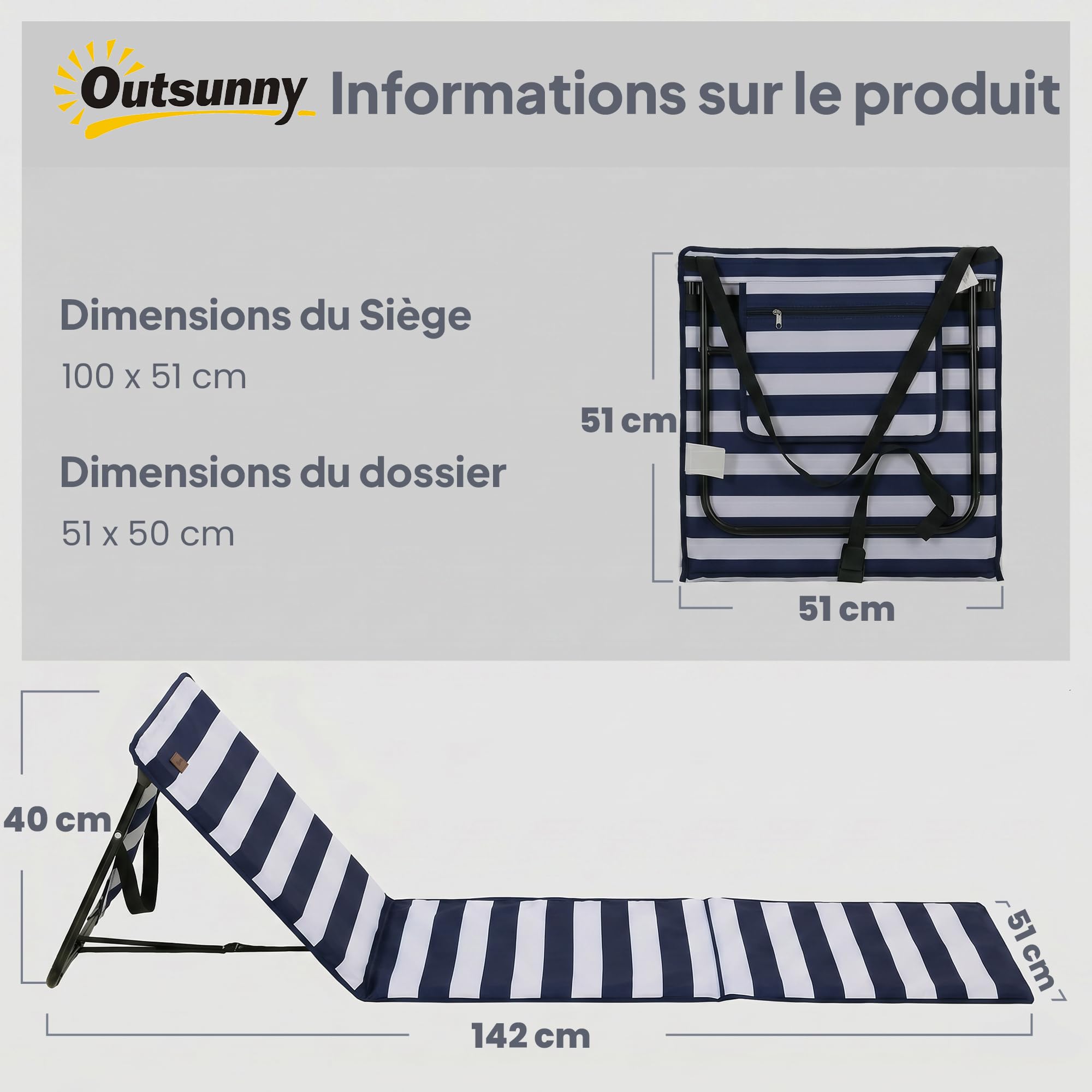 Outsunny Lot de 2 Tapis de Plage rembourré - Matelas de Plage - Dossier inclinable Multi-Positions - Sangle de Transport Inclus - métal Polyester Blanc et Bleu