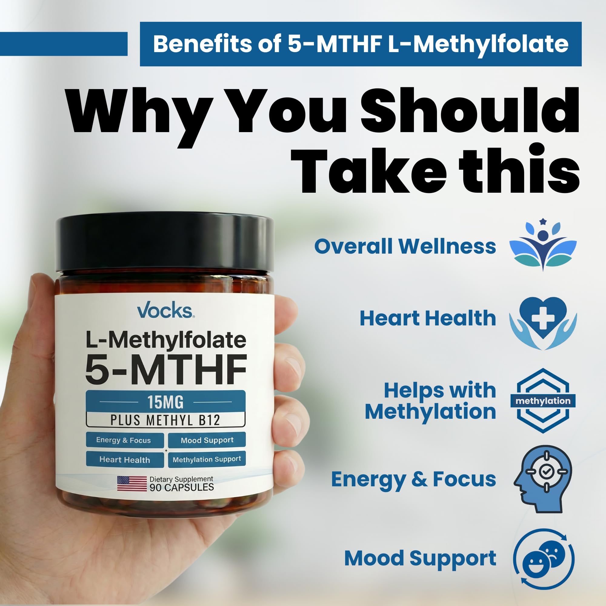 Vocks L Methylfolate 15mg | 5-MTHF + Methyl B12 | High Potency Methylfolate Supplement | Active Methylated Folate Vitamin B9 | MTHFR Supplement| Folate Supplement for Women & Men | 90 Capsules — Amazon image 4