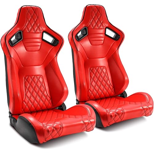 ModifyStreet 1 Pair Universal Red +Rear Black Carbon Fiber Style PVC Leather Reclinable Racing Bucket Seats