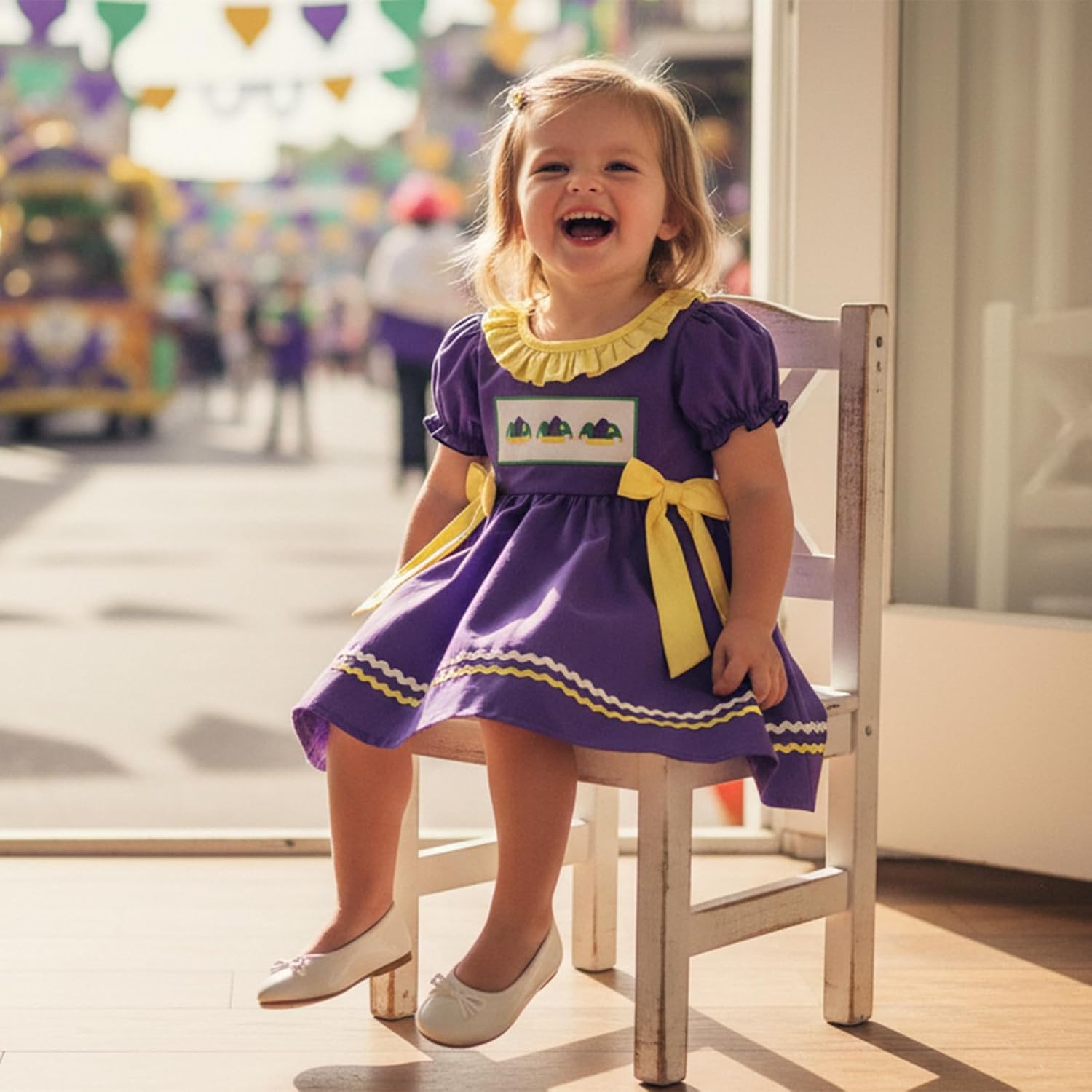 Kids Toddler Baby Girl Mardi Gras Outfit Embroidered Puff Short Sleeve Dresses Purple Carnival Clothes - Image 2