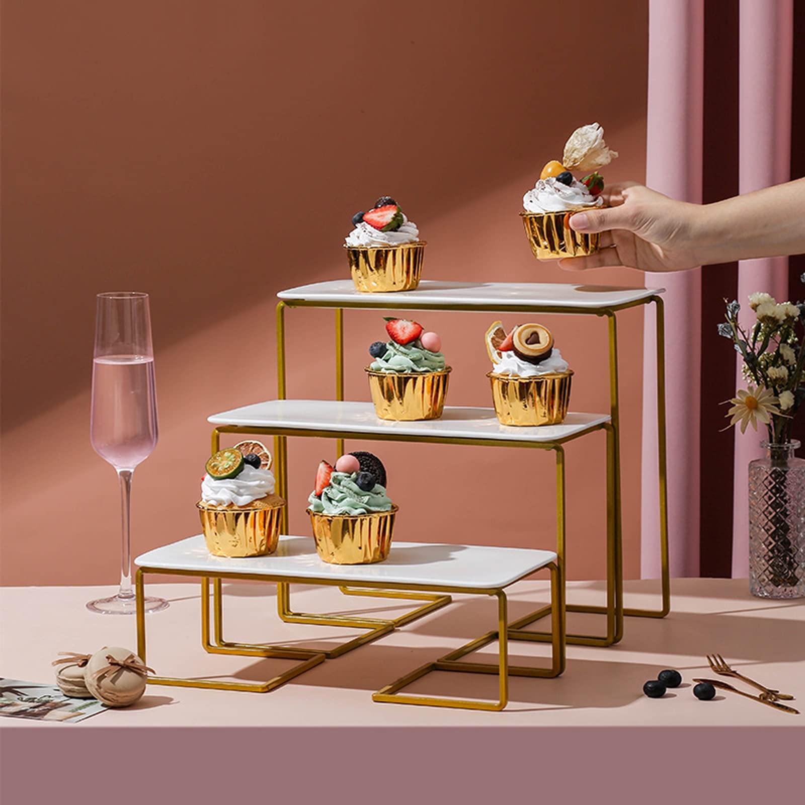 Présentoir à gâteau en fer forgé doré - Table à dessert simple avec plateau en céramique - Présentoir à cupcakes de mariage - Plateau de service rectangulaire - Support à dessert (taille : S)