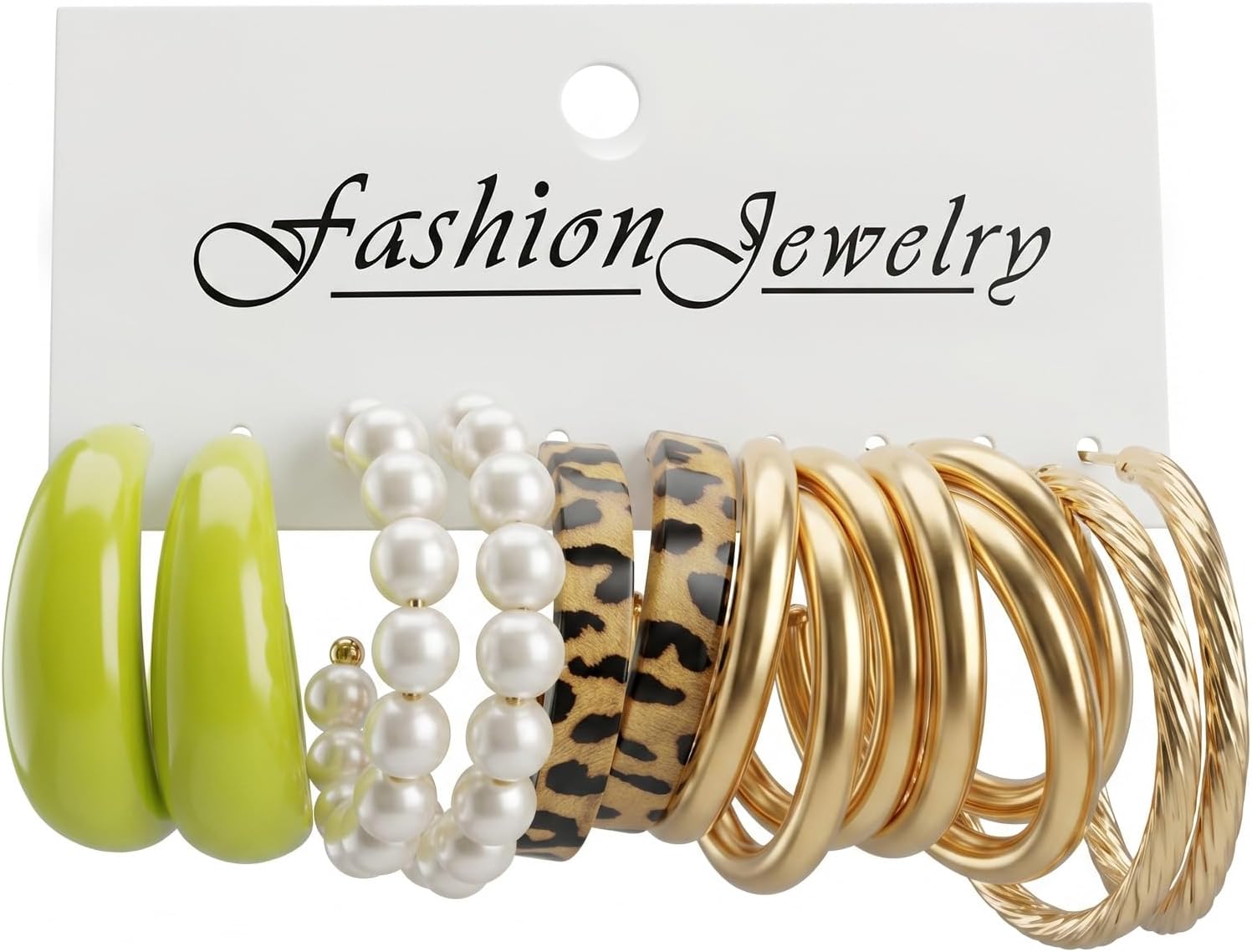 6 Pairs Gold Hoop Earrings Set for Women, Pearl Green Leopard Chunky Twisted Earrings Pack, Lightweight Fashion Jewelry Gift