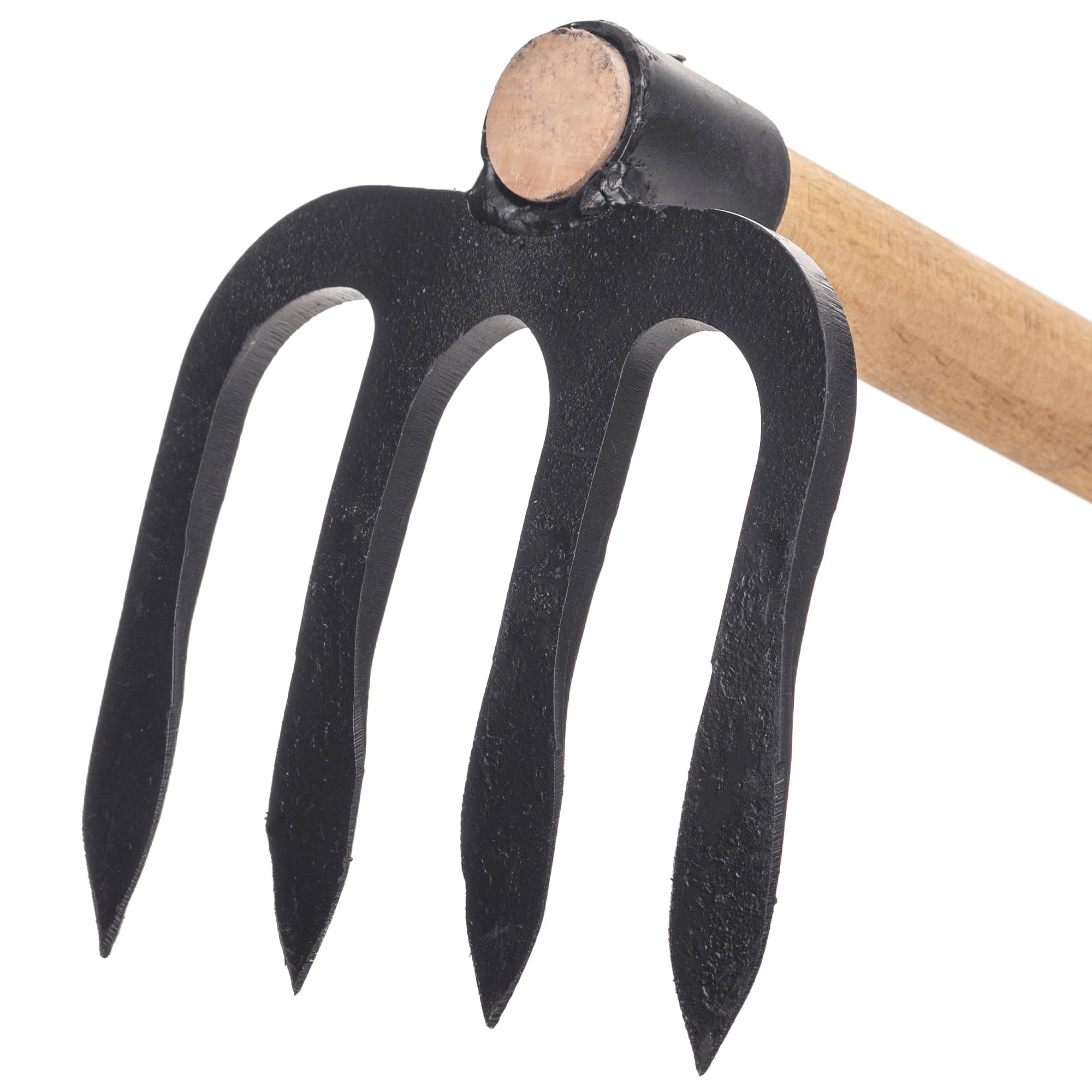 KADAX Talon de pommes de terre à 4 dents avec long manche en bois, talon de jardin en acier forgé, talon de fumier pour jardinage, hachoir pour jardin (avec tige)
