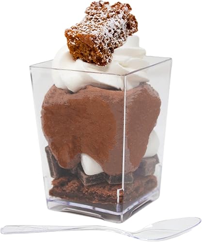 Miniatura 5 de CMJJ - Paquete de 50 vasos cuadrados de plástico pequeños de 4 onzas con cucharas Hermes de grado profesional reciclable transparente desechable