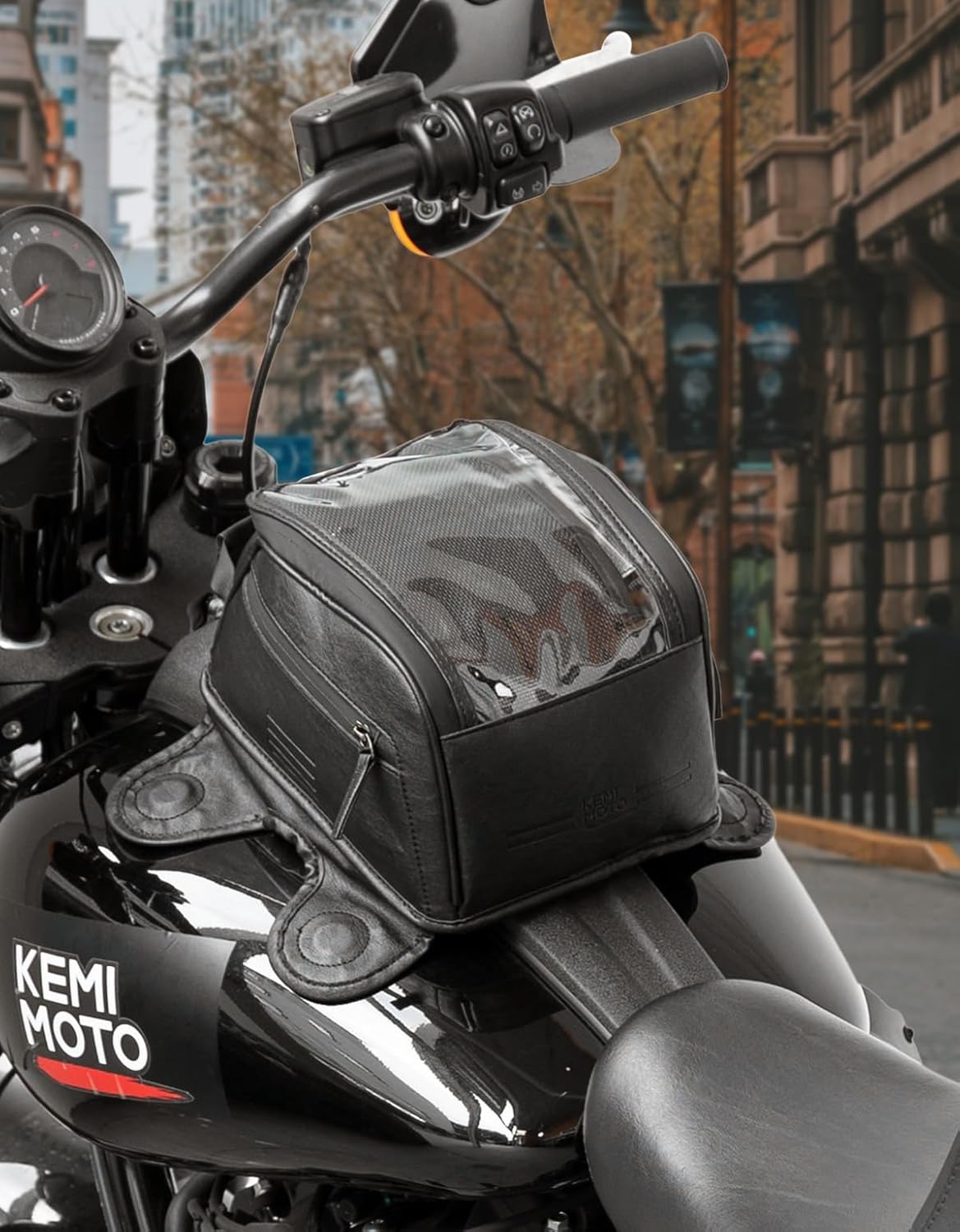 KEMIMOTO 7L Magnetic Motorcycle Tank Bag, PU Leather Water-Resistant Tank Bag with 8 Strong Magnets, Large Touchscreen Phone Film Motorbike Fuel Tank Storage Bag