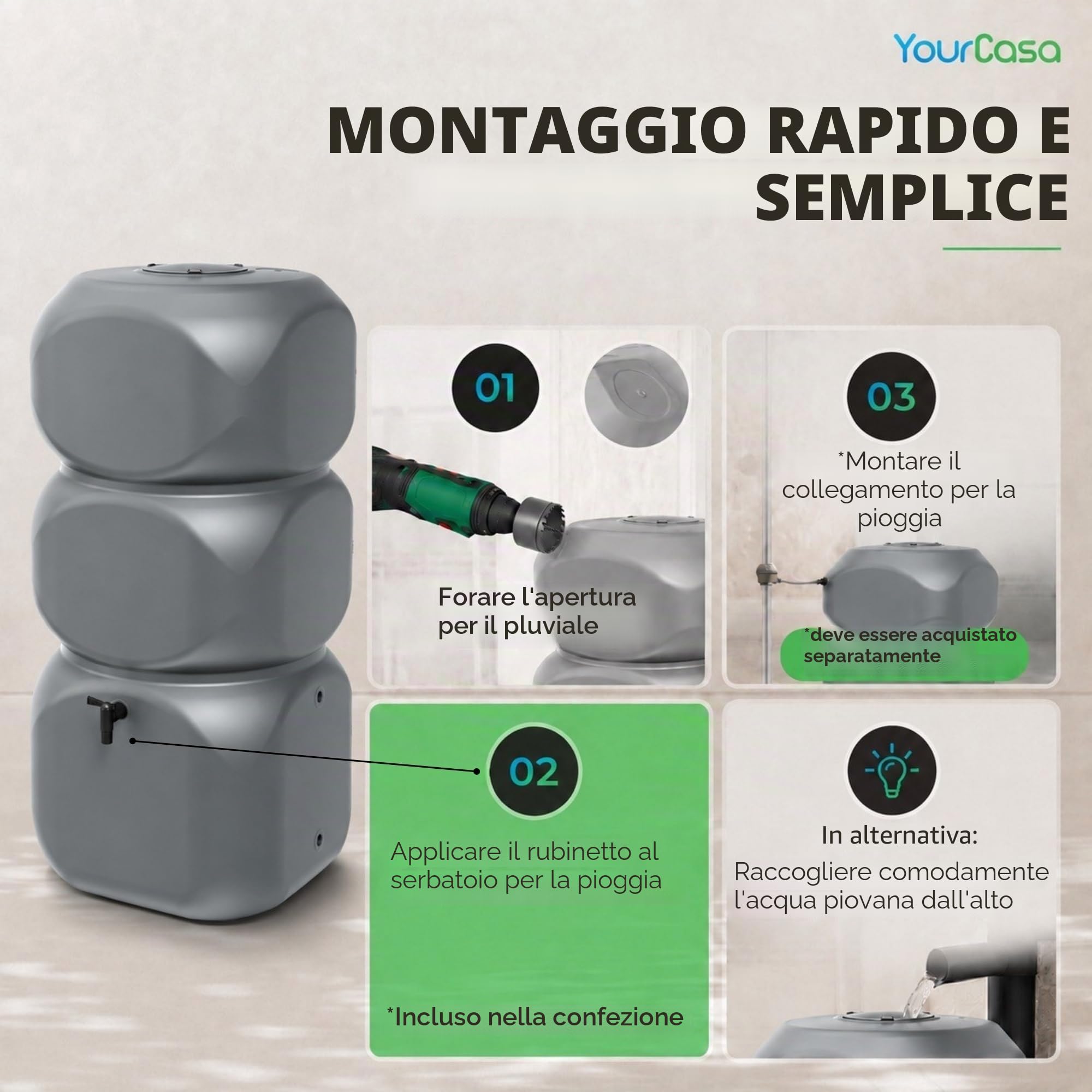 YourCasa Acqua piovana da 320 litri [Aquablock] con attacco per tubo di scarico e rubinetto e coperchio, a forma quadrata, per acqua piovana, per giardino (grigio)