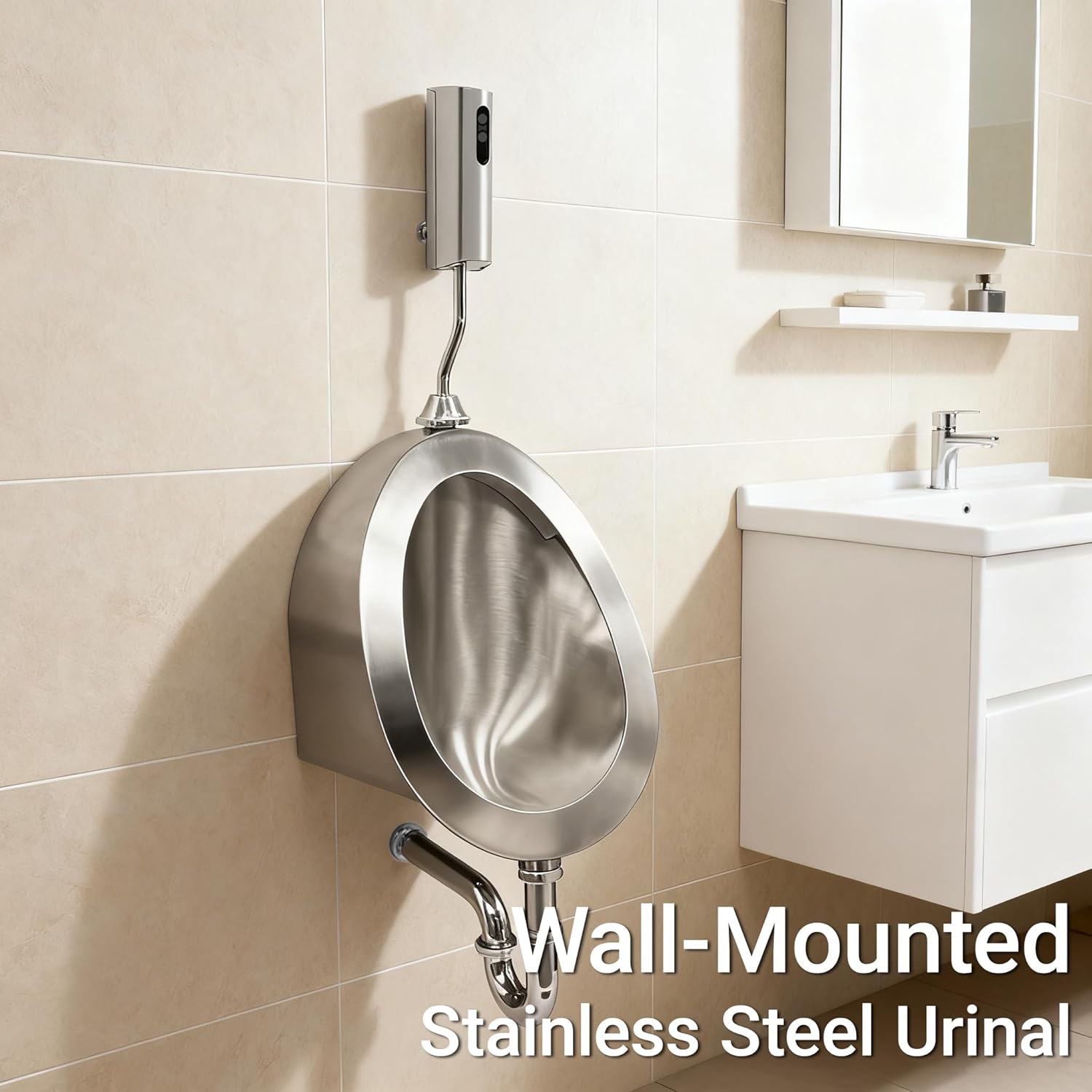 304 Stainless Steel Urinal, Commercial Men’s Flushing Stainless Steel urinal with Sensor Option, Corrosion Resistant Design for Public Restroom, Men Bathroom or Home Use