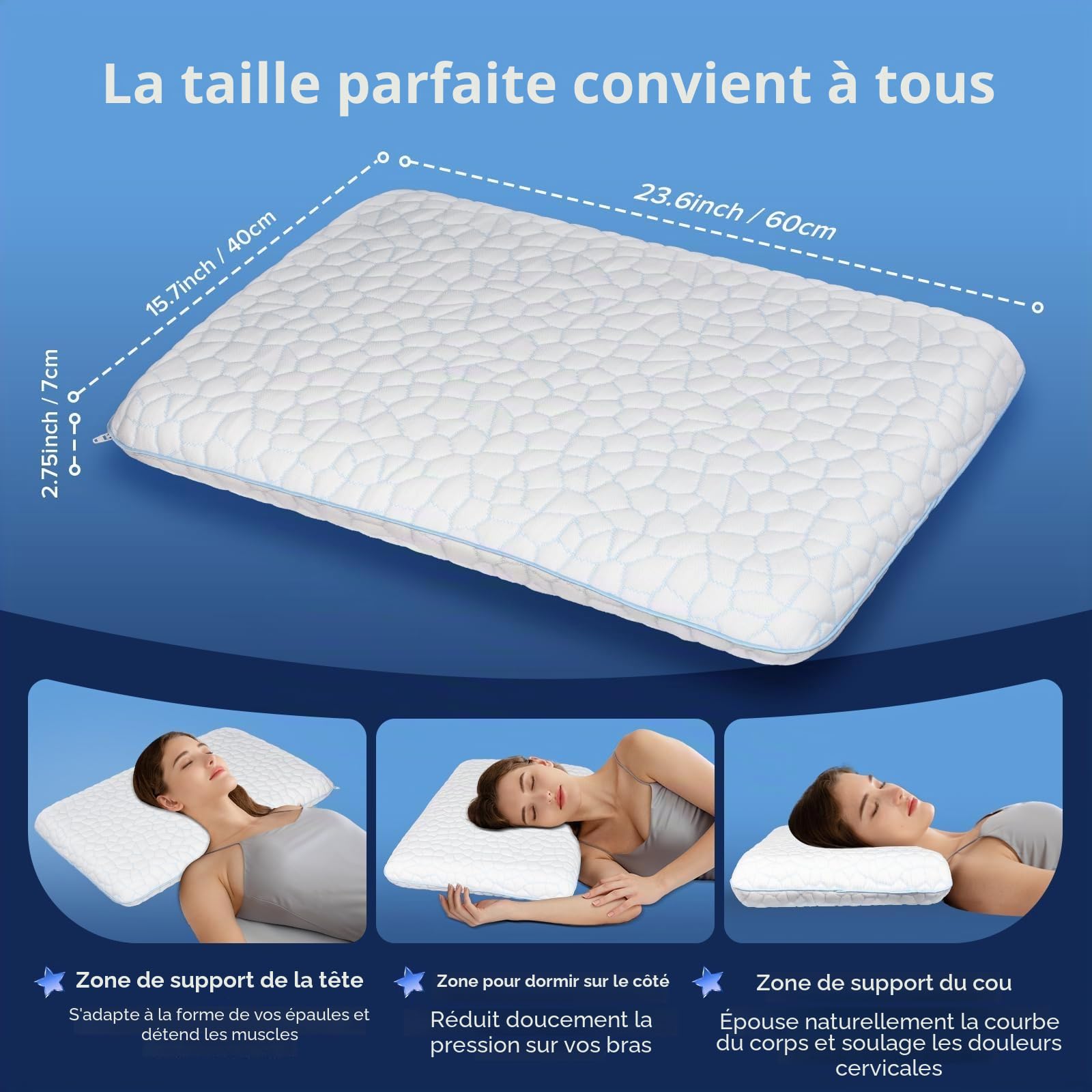SUPA MODERN Oreiller ultra mince pour dormir sur le ventre 40x60 cm - Oreiller plat pour dormir, oreiller orthopédique plat et rafraîchissant de 5,7 cm de hauteur - Oreiller en mousse à mémoire de