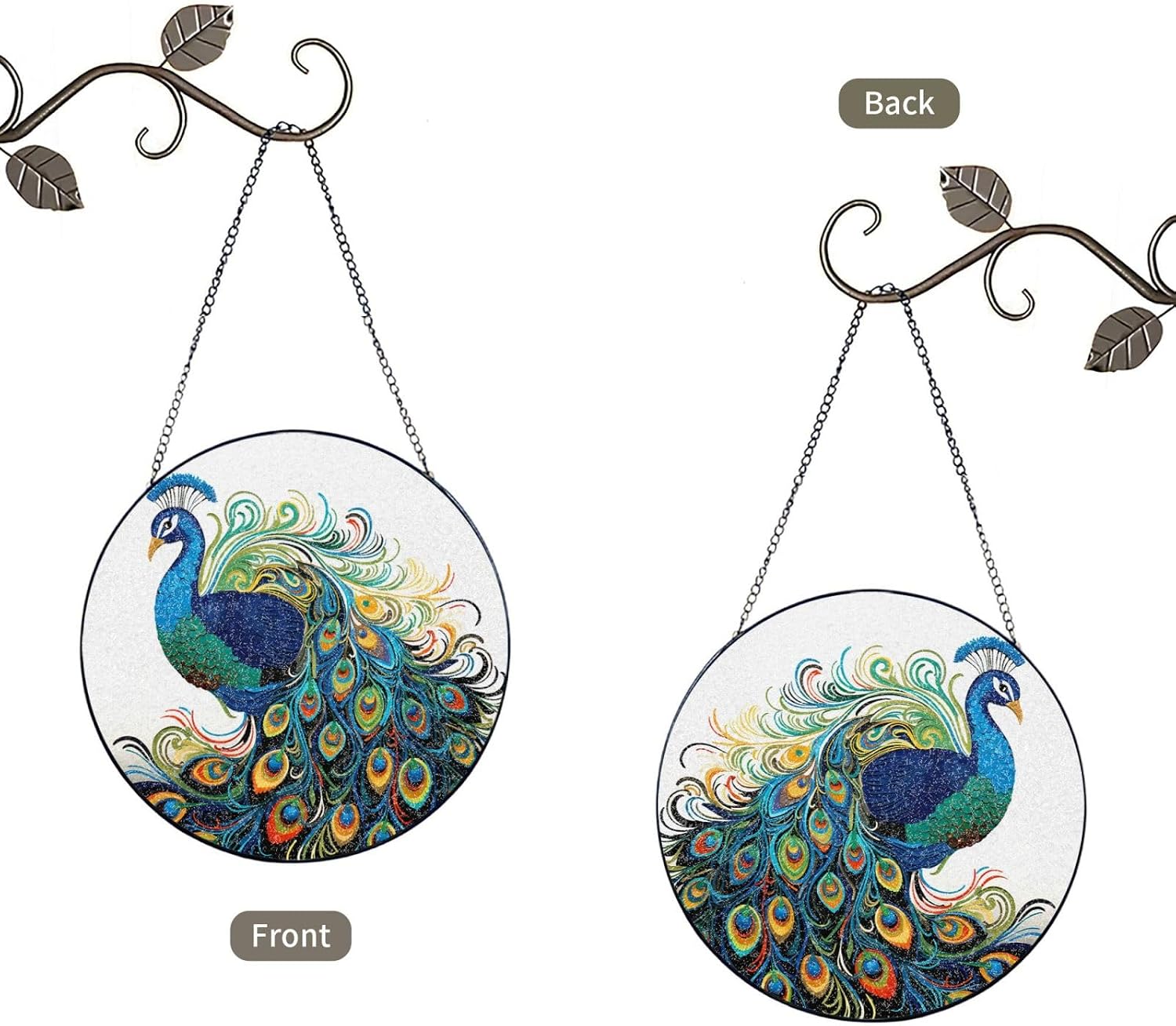 Stained Glass Window Hanging 6in（15cm）, Peacock Pattern Glass Suncatcher for Home Decor, Indoor Wall Art Glass Panel with Metal Chain and Hooks, Sun Catcher Ornament Birthday Gifts