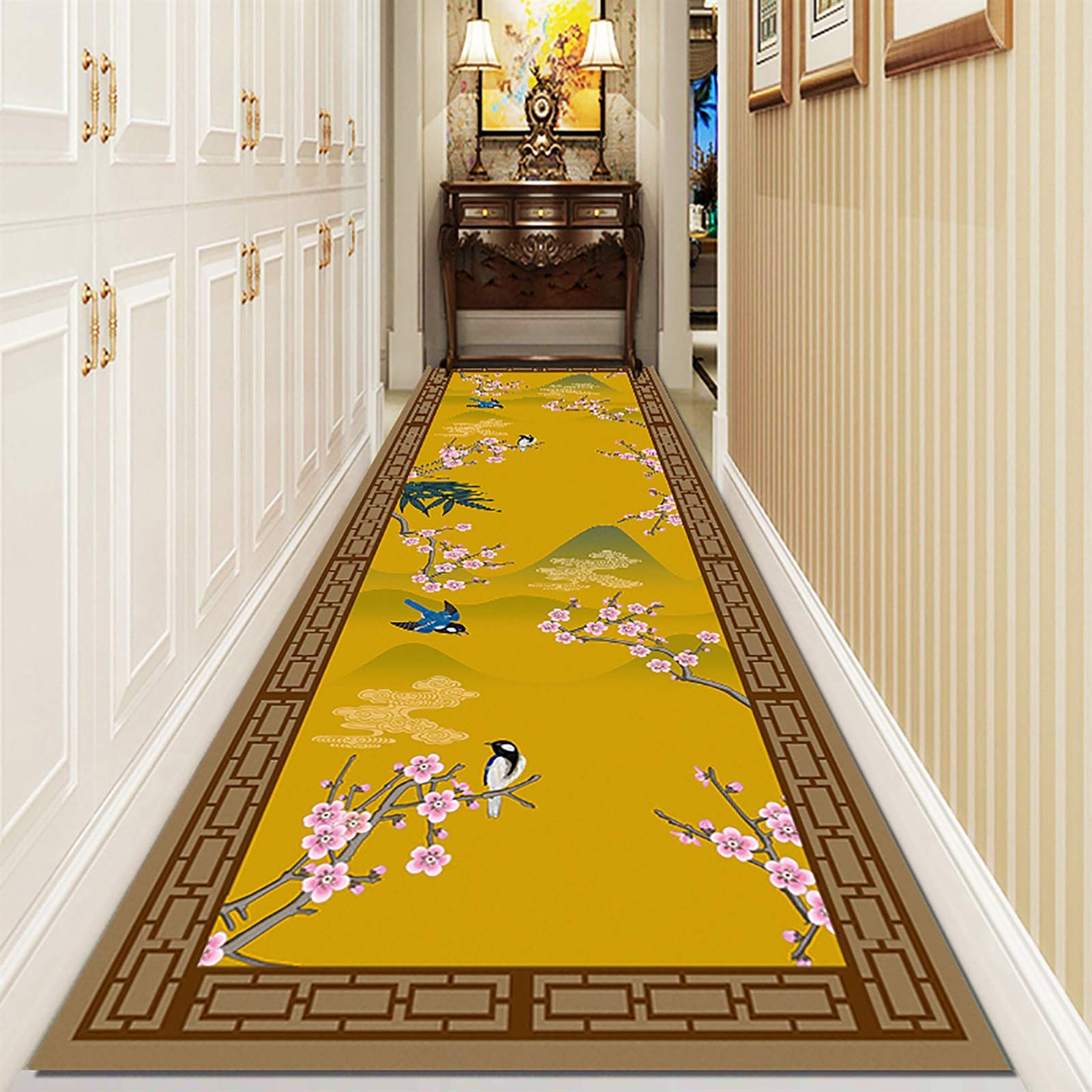 Tapis de couloir de 1 à 10 m style chinois lavable avec motif prunier jaune