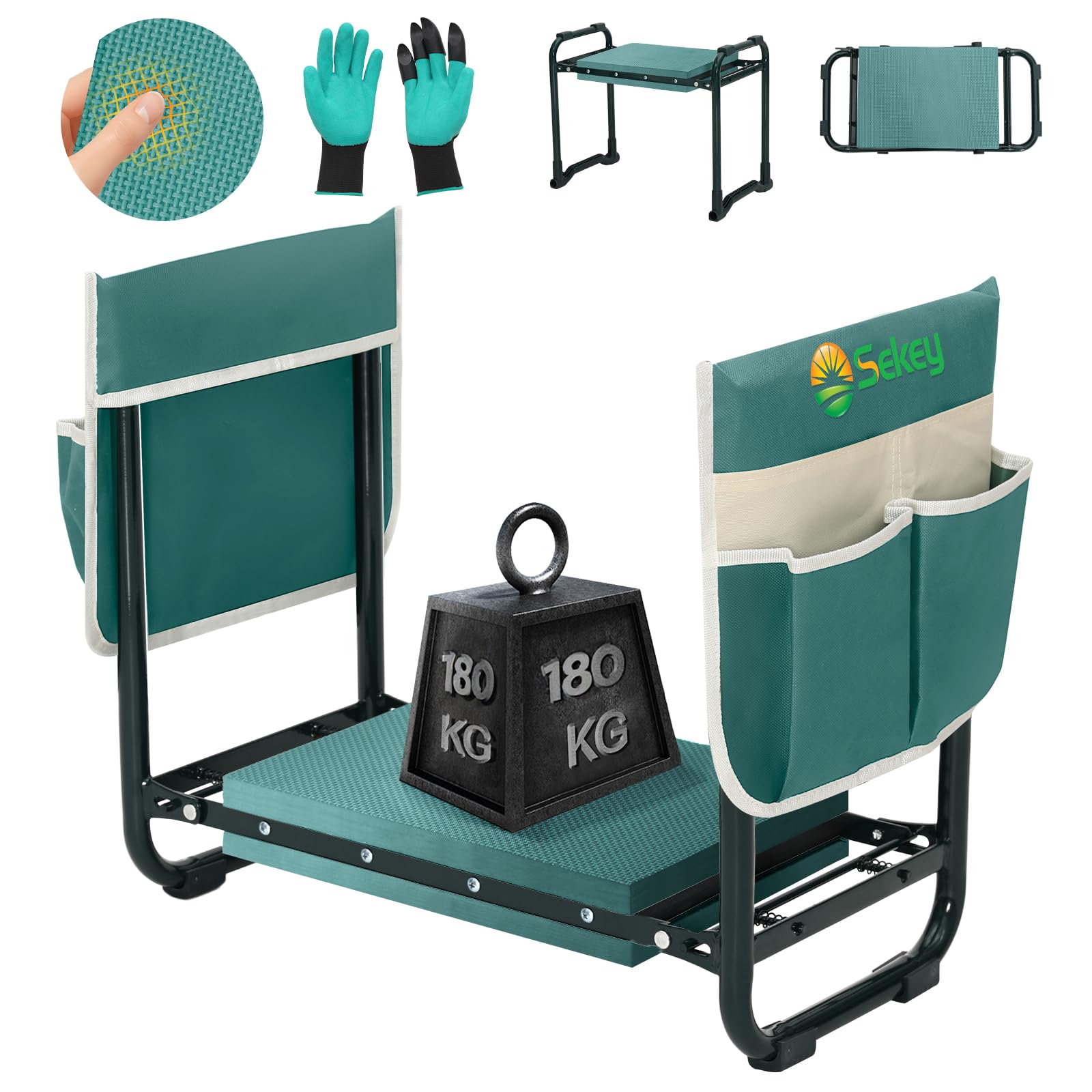 Sekey Höhenverstellbare Kniebank für Gartenarbeit Belastbarkeit 180KG, Gartenhocker Klappbar mit Werkzeugtaschen, Knie Komfort Garten, Grün