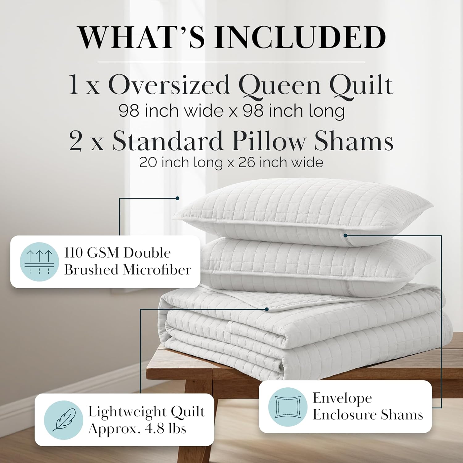 Southshore Fine Living, Inc. White Queen Quilt Bedding Set, Dual Fit Luxury Bedding Quilts, Queen Size Bedspread Coverlet, Full Size Quilted Coverlet Bed Spread w/Pillow Shams, White Quilts Full Size