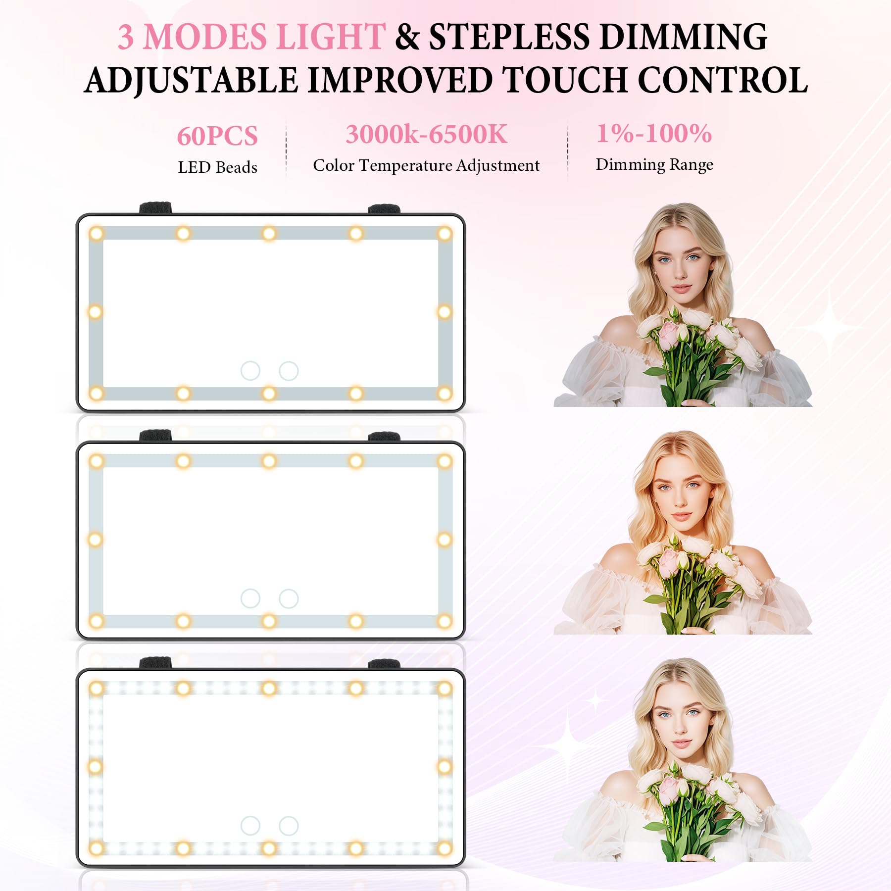 SINGARO Car Sun Visor Vanity Mirror - Rechargeable Makeup Mirror with 60 LEDs 3 Light Modes Dimmable Touch — view 2