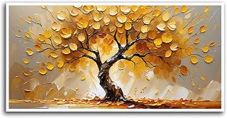Autumn tree wall painting with golden leaves on earthy beige background and fallen leaves minimalist autumn living room decor rustic modern aesthetic cozy fall vibe 8x16in Frameless