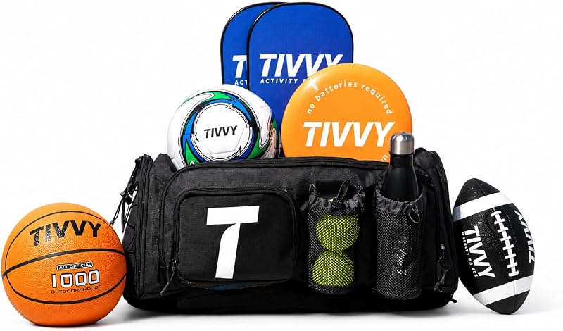 TIVVY Pre-Packed Multi-Sport Outdoor Activity Bag for Families | Includes Basketball, Soccer Ball, Football, Pickleball, Cones & More