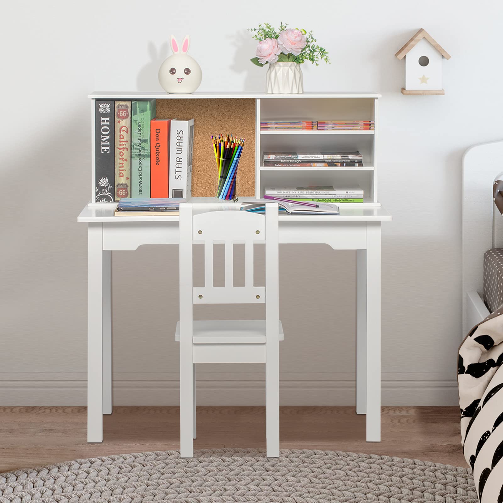 JOYMOR Kids Desk and Chair Set, Kids Wooden Study Desk with Hutch, Cork Bulletin Board