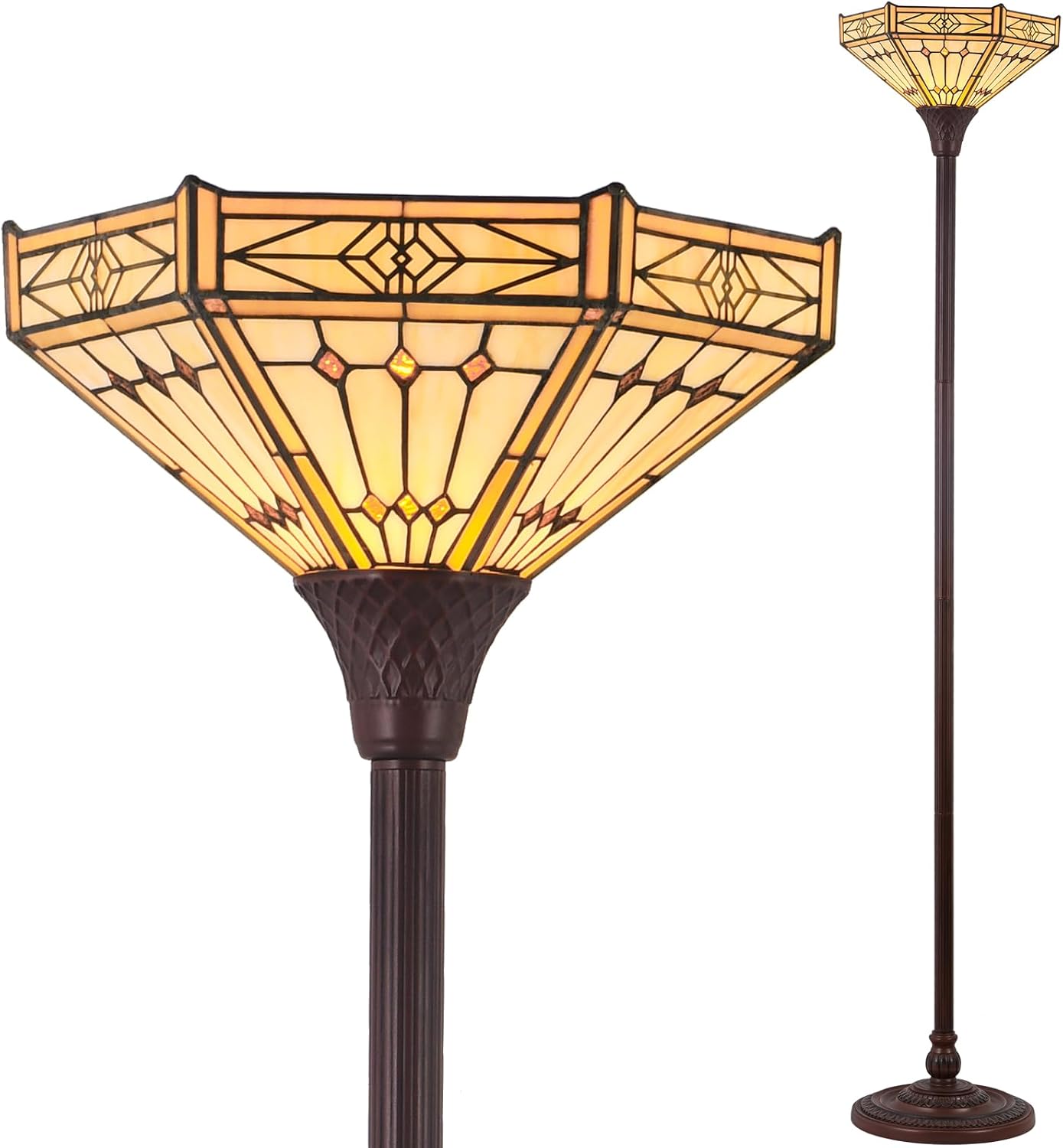 Capulina Tiffany Lamp Stained Glass Torchiere Floor Lamp 70 Inches Tall Industrial Pole Cream Hexagon Tiffany Style Standing Floor Lamp for Home Office Living Room Bedroom