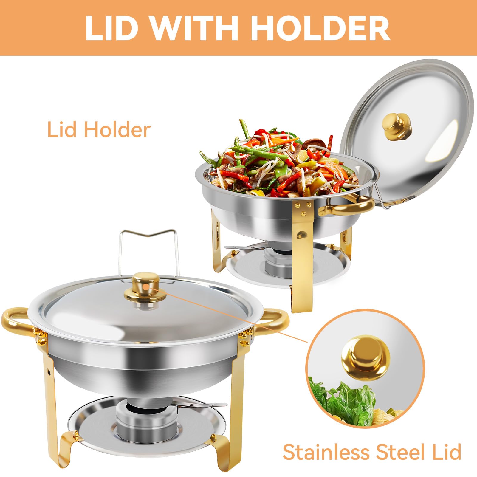 4.8 QT 4PC Scaldavivande per buffet con coperchio, scaldavivande rotondo per buffet, forniture per catering display buffet, vassoi da portata per riunioni, server per alimenti in acciaio inox per