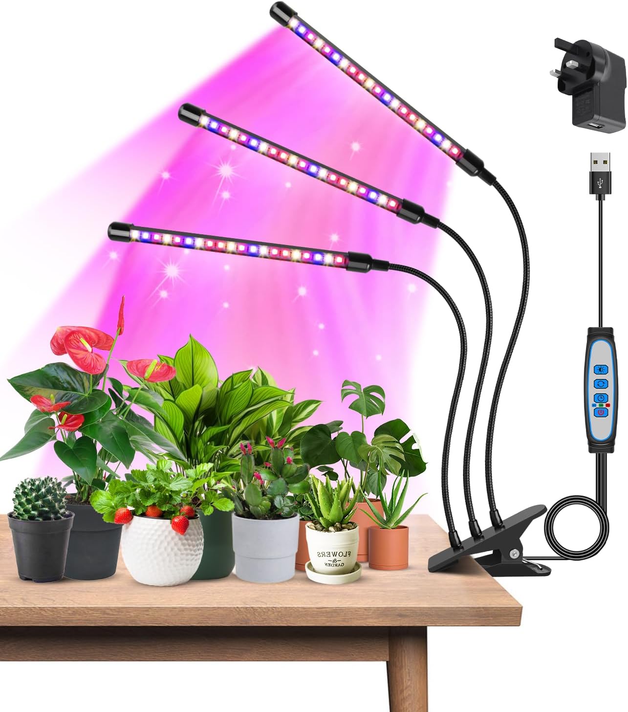 Garpsen Plant Lights, 3 Heads Red Blue Warm White Full Spectrum Grow Lights for Indoor Plants, 60 LEDs Led Grow Light for Seed Starting, with Auto ON/Off 6/12/16H Timer, 5 Dimmable Levels