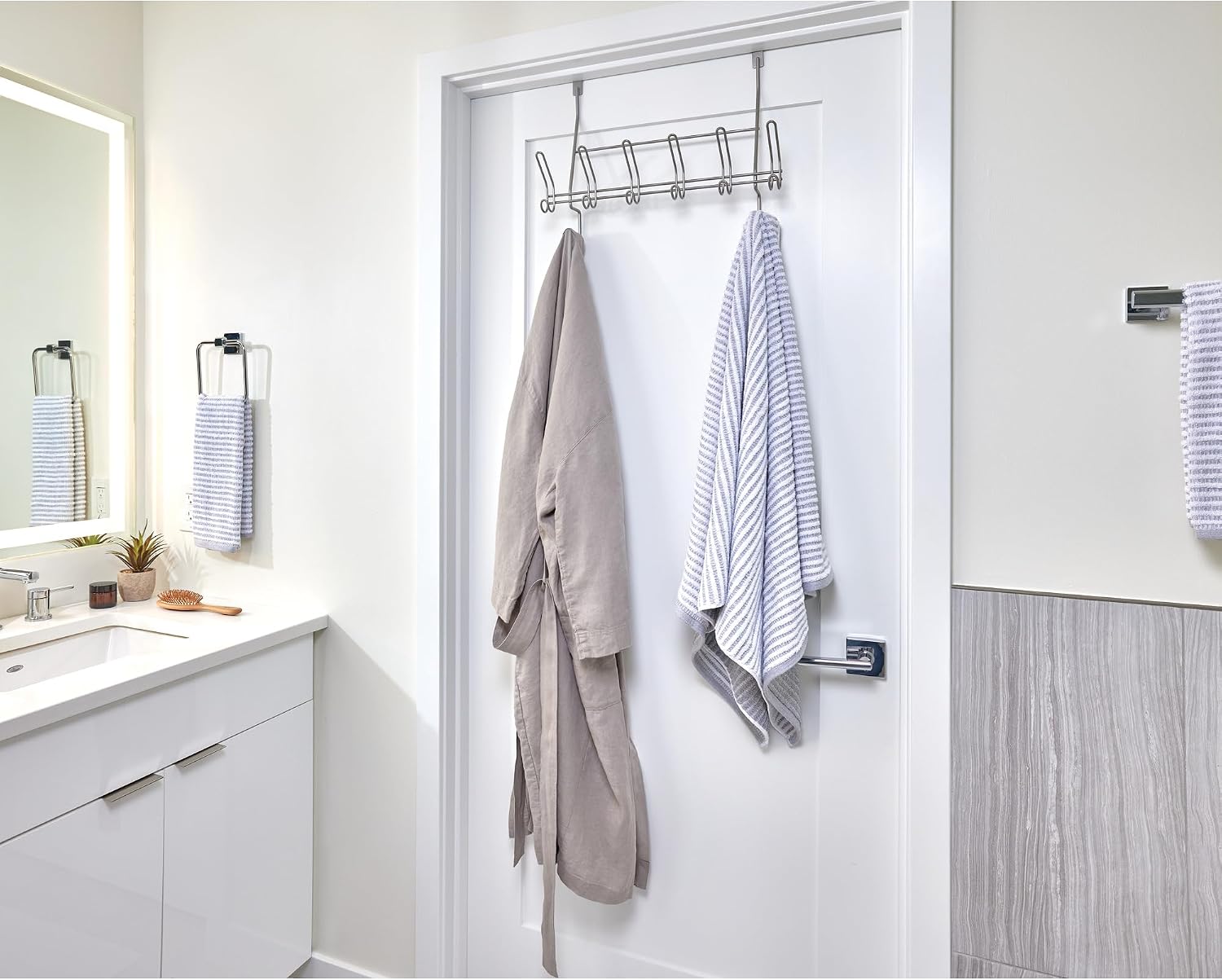 iDesign Over-The-Door Double Hook Rack with Towel Bar and Accessory Hooks - Satin