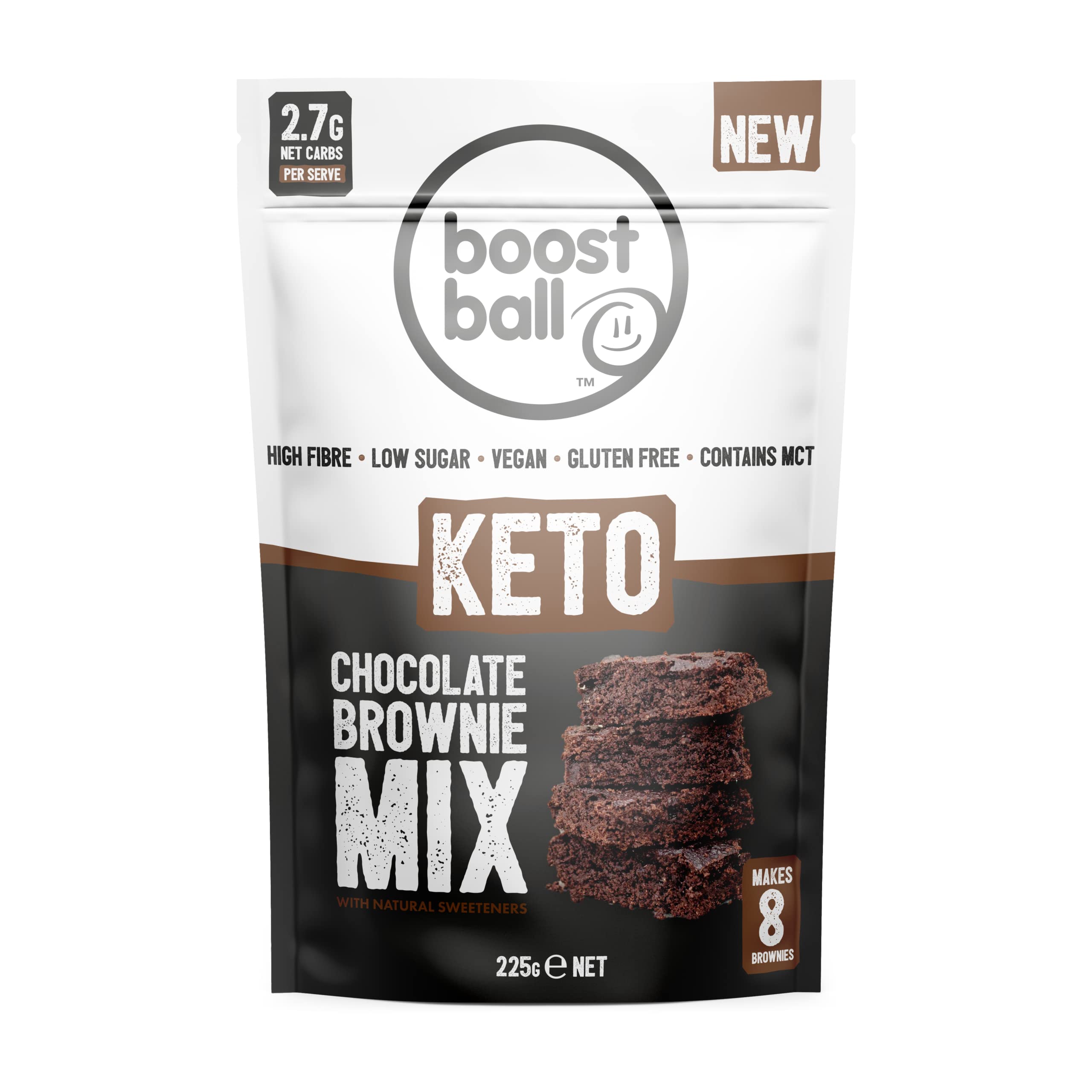 Boostballs Keto Brownie Mix, Low Carb, Vegan Chocolate Brownie, Gluten Free, Low Sugar and High Fibre Brownie Mix, 225g
