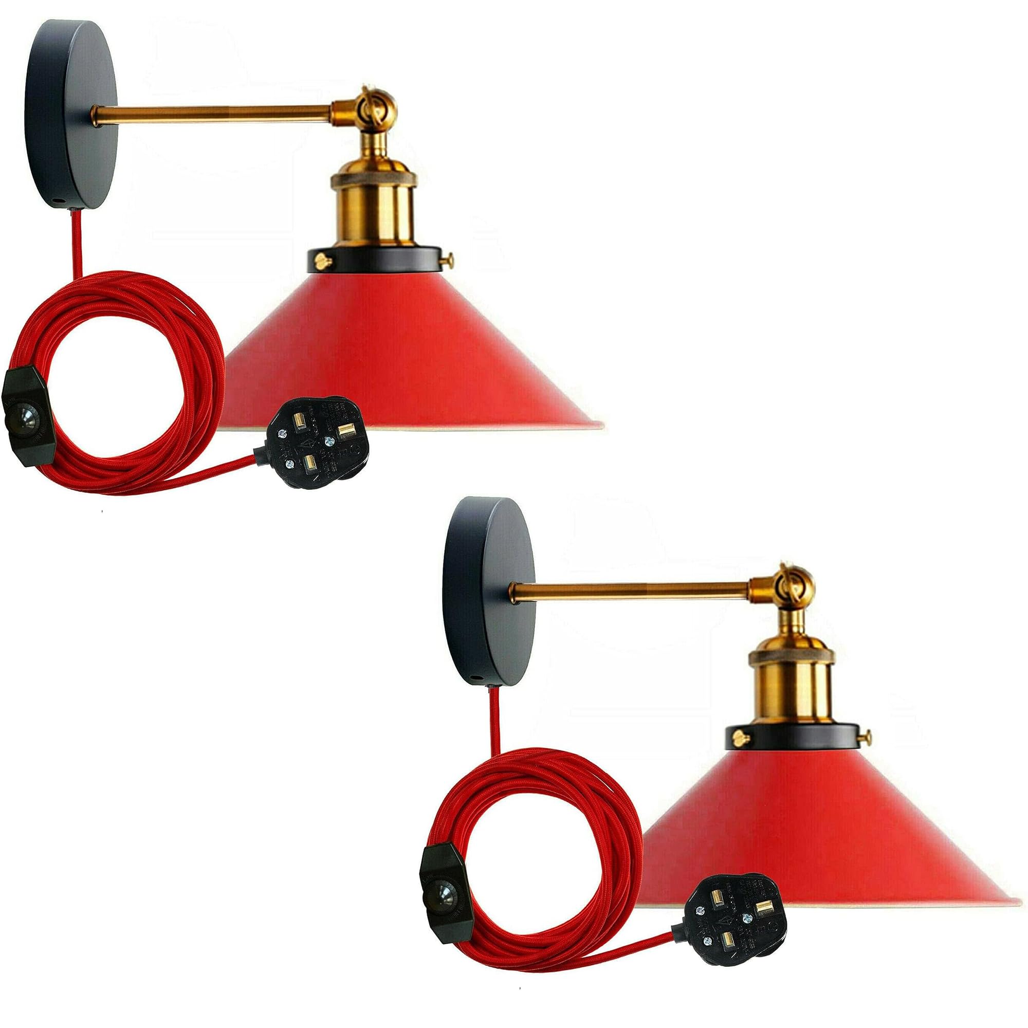 LEDSone 2 Pack of Retro Industrial Wall Light Plug in Wall Lamp Metal Cone Lampshade Indoor Light Fitting with Dimmer Switch for Bedroom Hallway Restaurants (Red 2 Pack, Without Bulb) โ image 1