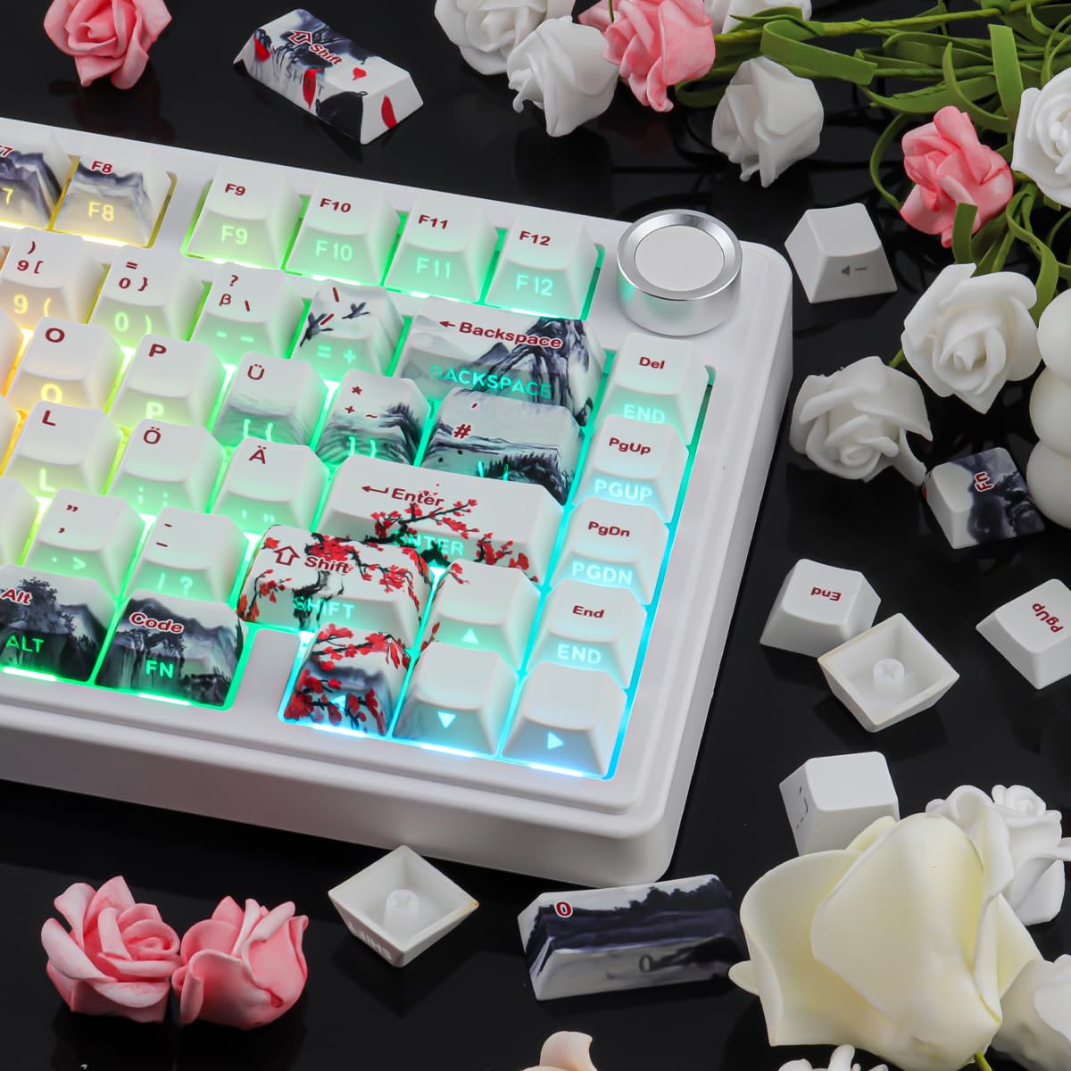 PBT German Keycaps, 133 Keys Double Shot Landscape Plum Blossom Keycaps Dye-Sub Cherry Profile Side Printed Shine Through Keycap for Cherry MX Switch ISO QWERTZ Layout Mechanical Keyboards