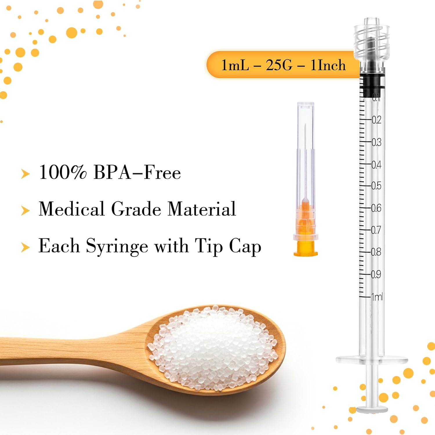 1ml Luer Lock Lab Syringe and 25 Guage 1Inch(25mm) for Liquid Measurement, Individually Sealed Packed