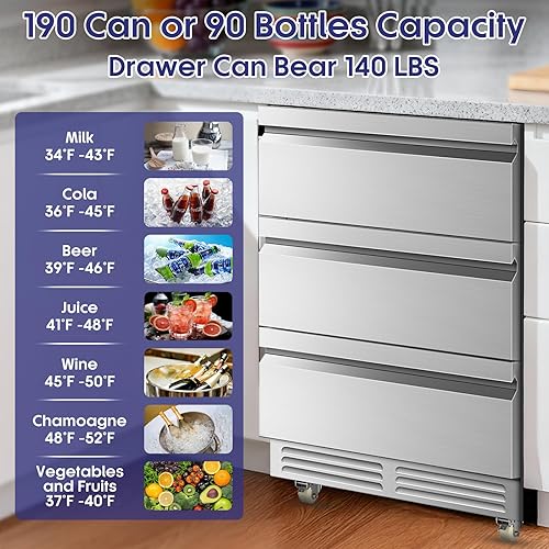 Miniatura 4 de Tylza Refrigerador de bebidas al aire libre de 3 cajones, 190 latas de 24 pulgadas, refrigerador de bebidas bajo encimera, impermeable, todo acero