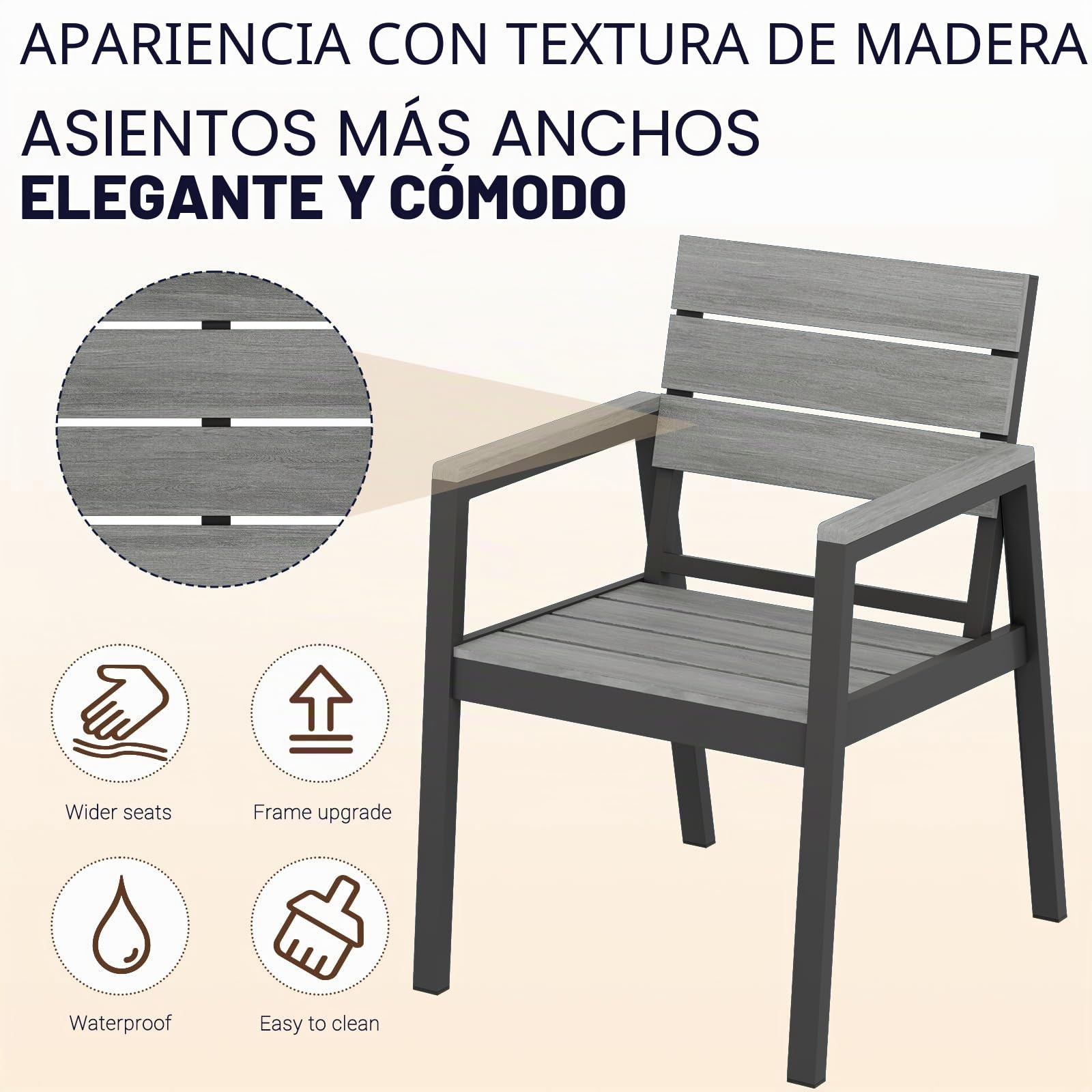 Devoko Juego de 2 sillas de jardín, Impermeables y duraderas, Acabado en Vetas de Madera, Estructura de Aluminio Mejorada, Asiento Amplio, soporta 160kg, fácil Limpieza, para Exterior.Gris
