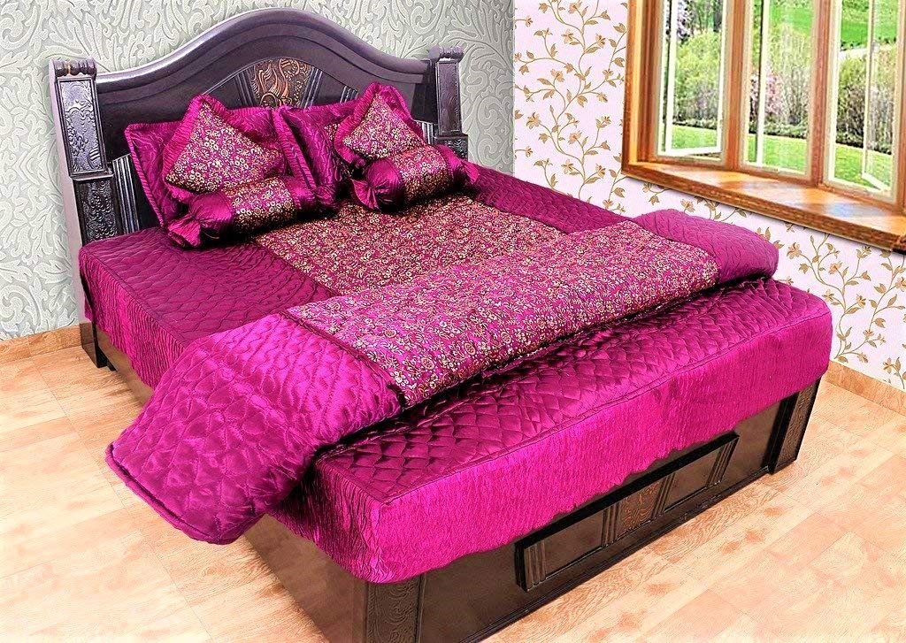 ManavRachit Satin Gold Printed 310 TC Wedding Bedding Set for Home & Living Room (Falsa/Purple, Set of 8pc)(Jaal Print)
