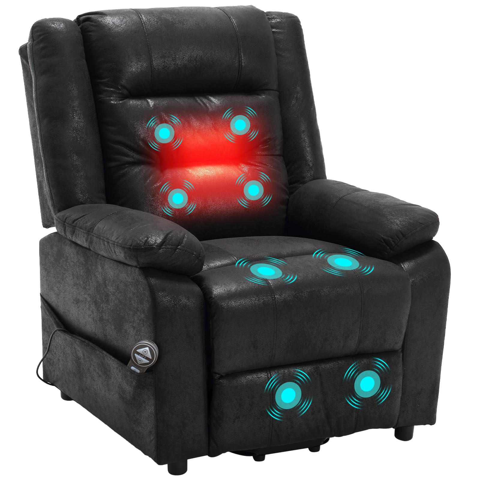 Elektrischer Fernsehsessel mit Aufstehhilfe, Relaxsessel Massagesessel mit Wärmefunktion, Liegefunktion, bis 220kg, Schwarz Flockleder