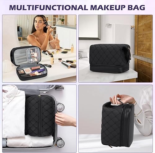 Miniatura 6 de NUBILY Bolsa de maquillaje impermeable, bolsa de maquillaje de viaje, bolsa organizadora de maquillaje de doble capa, bolsa de viaje grande para