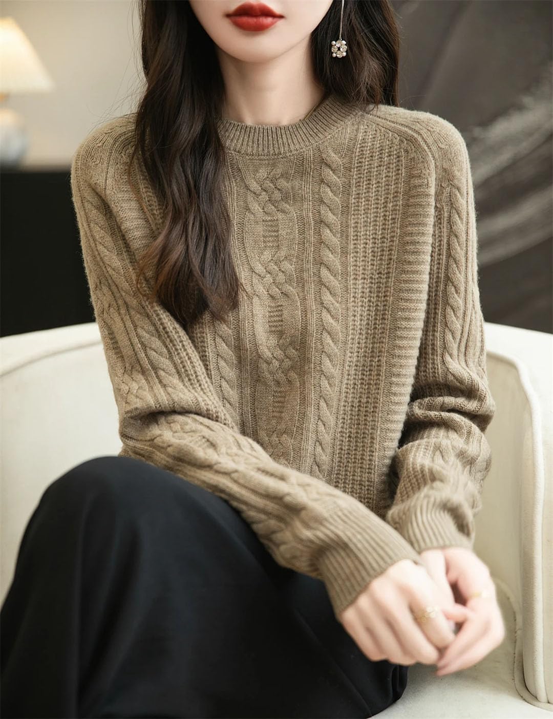 Maglione da donna in lana merino girocollo autunno inverno tinta unita manica lunga caldo top maglione lavorato a maglia capispalla