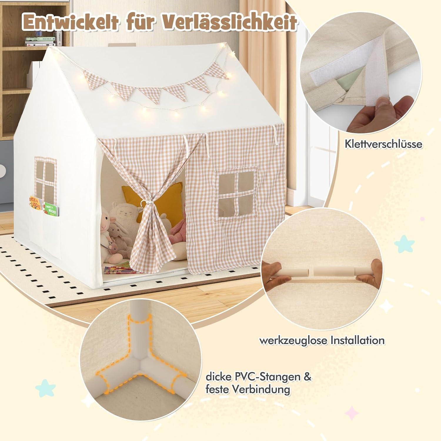 DREAMADE Kinderzelt für Drinnen mit Matte und Lichtern und Flaggenbanner, Kinder Spielhaus Indoor, Tipi Zelt, Spielzelt für Kinder ab 3 Jahren für Kinderzimmer Spielzimmer (Beige)