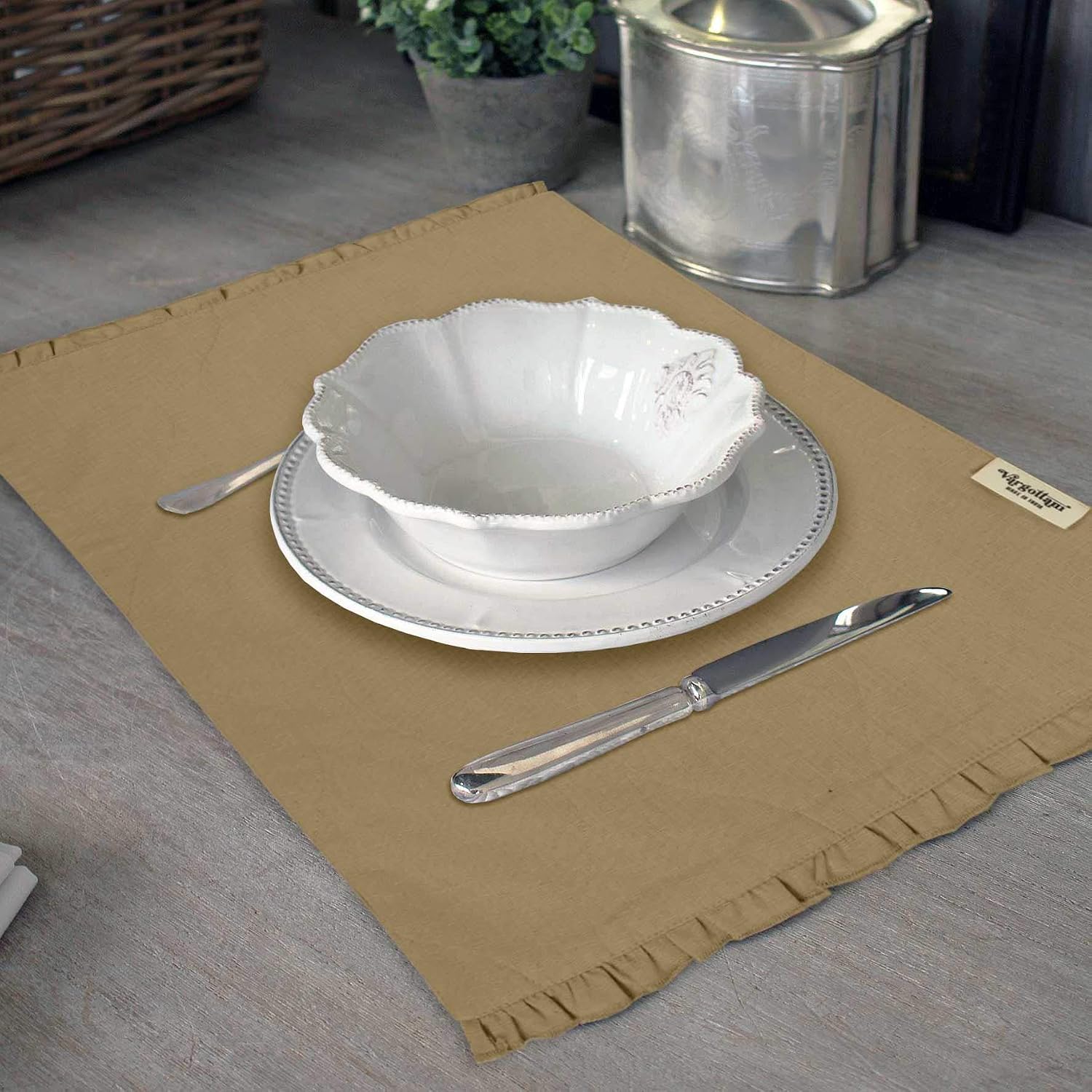 Beige Home Decor Washable Dining Table Mats Reversible Cotton Flex Frill Placemat-Set of 4