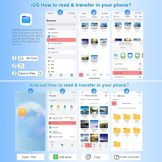 3-in-3 SD Card Reader for iPhone, Lightning + USB A + USB C Connector Memory Card Reader for SD/TF/XD Card, XD Card Reader Plug and Play, Multi Micro SD Card Reader for iPhone/iPad/Android/MacBook/PC