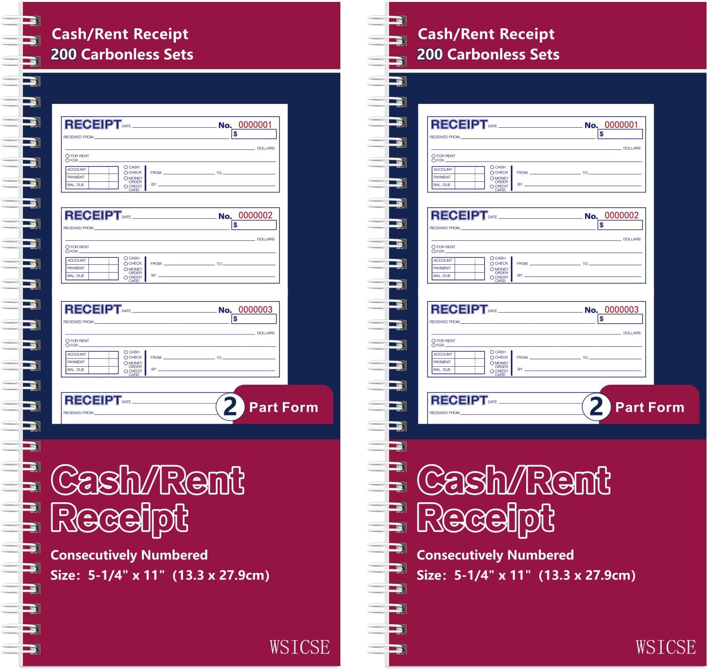 2 Pack Receipt Books with Carbon Copies, Rent Receipt Book, 2-Part Carbonless, 5.24" x 11 Spiral Bound, (White and Yellow), 200 Sets Per Book