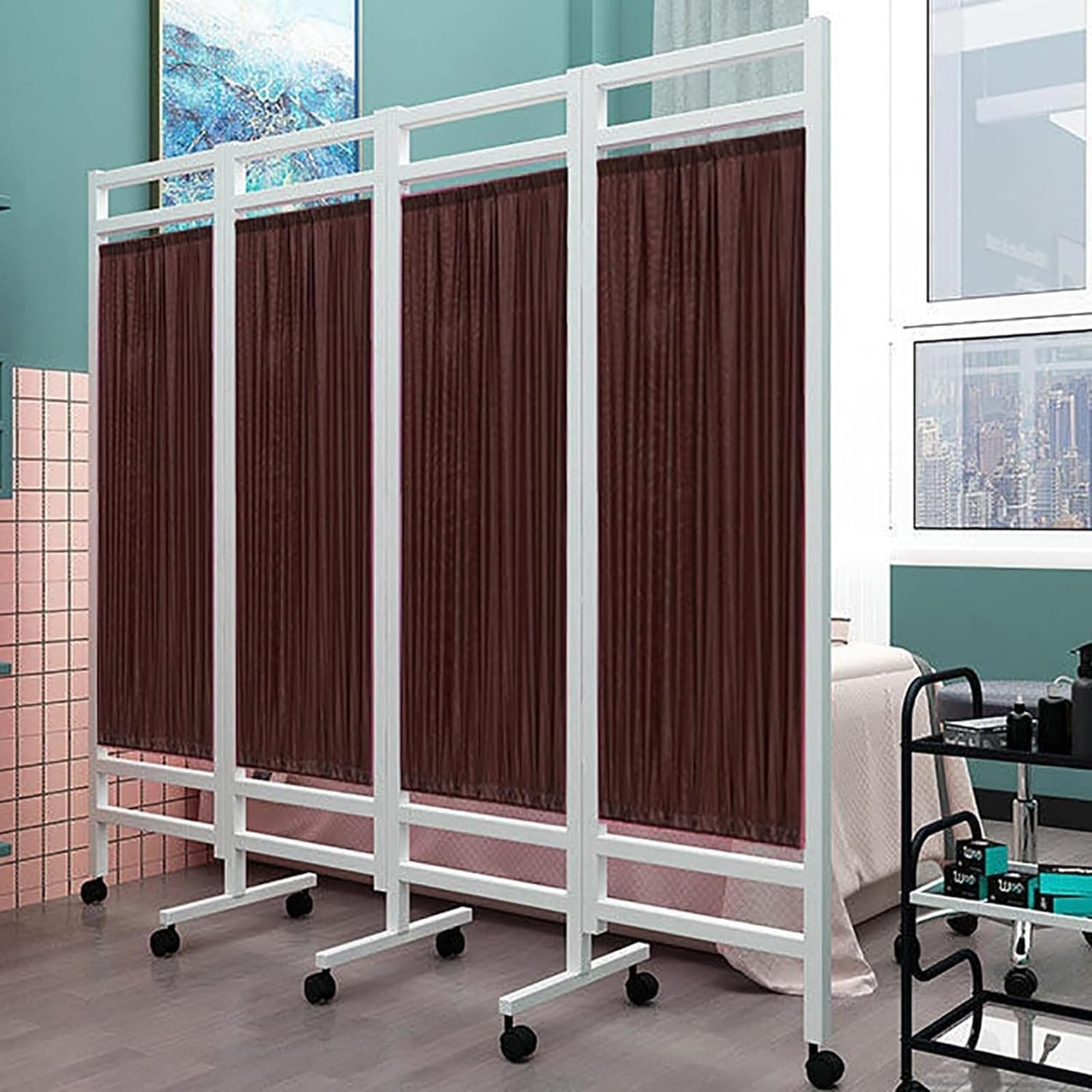 GYEQXKT Rolling 4 Panel Medical Privacy Screen on Wheels, 6ft Tall Foldable Room Divider, Space Saving Metal Frame Room Divider Screen