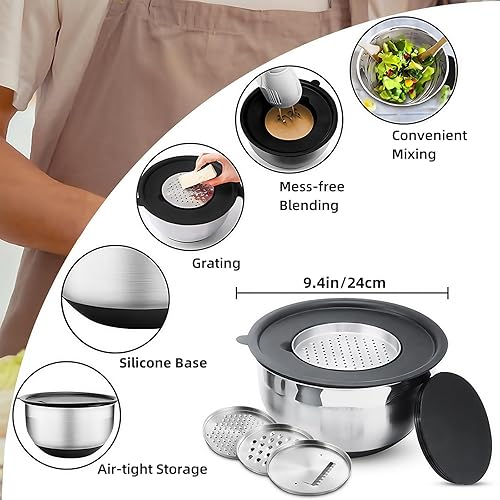 Miniatura 8 de Menbyci 6 cuencos para mezclar con tapas, cuencos de acero inoxidable, parte inferior antideslizante negra, incluye utensilios de cocina, juego de