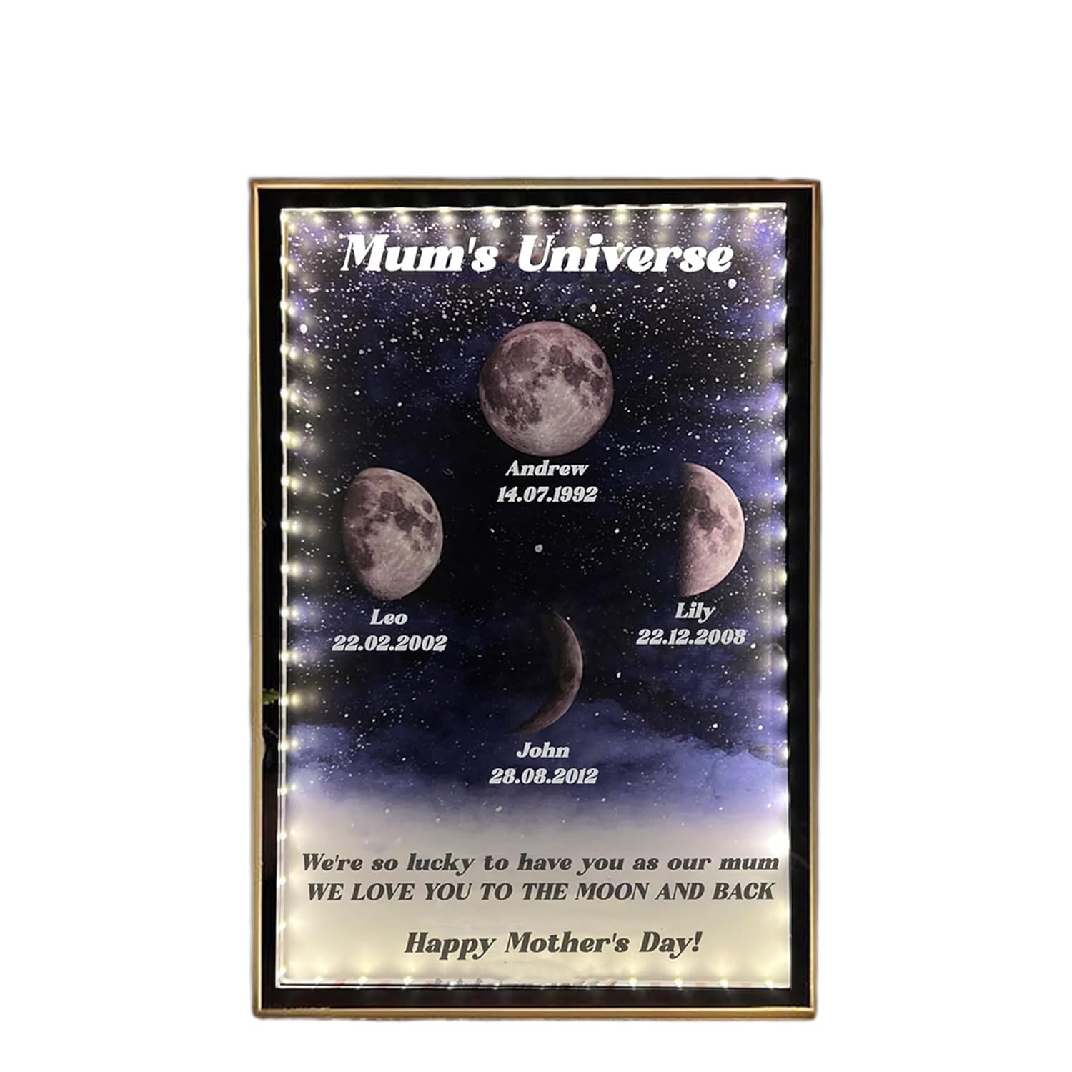 Personalized Mum's Universe Birth Moon Phase Mirror Starry Night Light Box Led Light Up Mirror with Kids Name for Mum Grandma Mother's Day Birthday (Mummy's Universe)